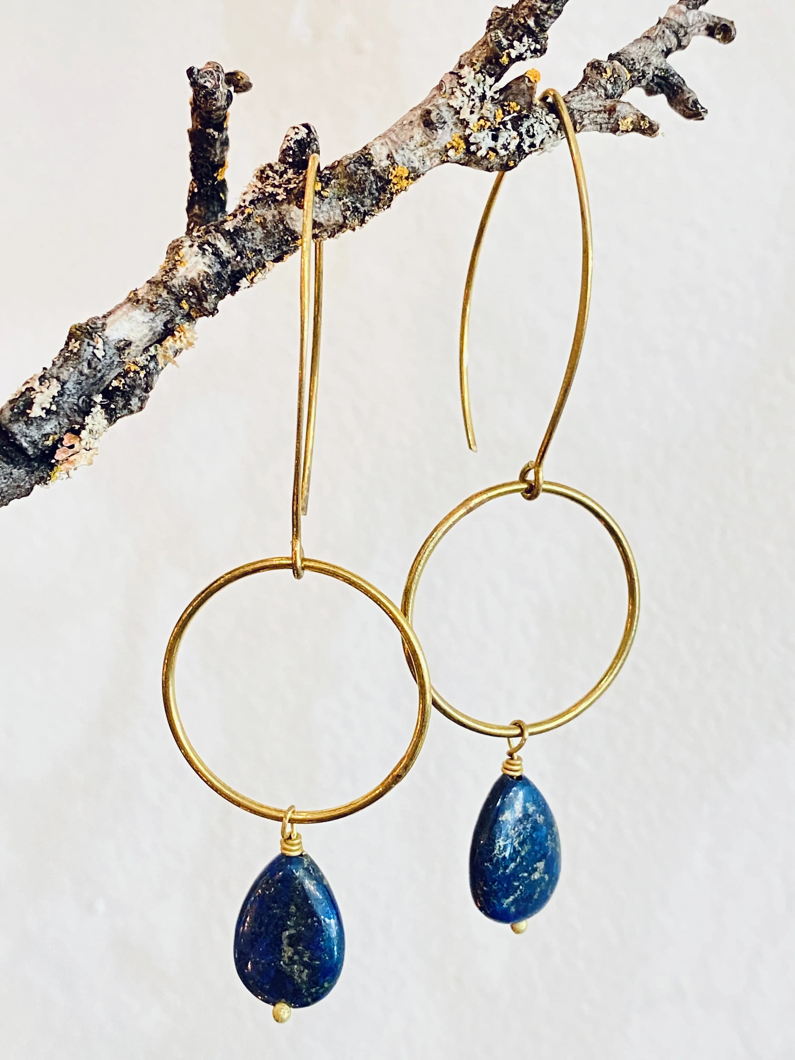 Handmade Open Circle Lond Drop With Semi-precious Stone Earrings