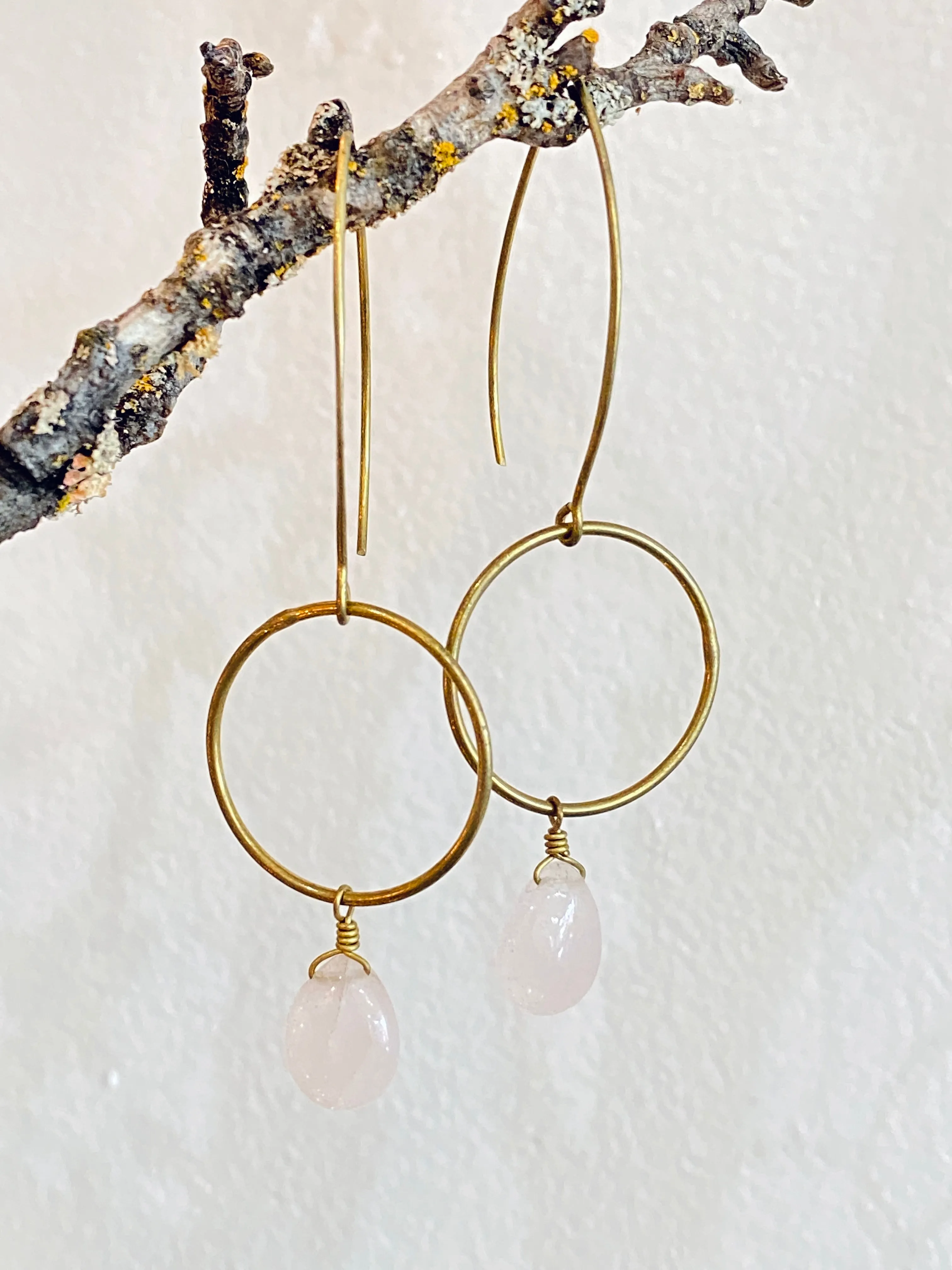 Handmade Open Circle Lond Drop With Semi-precious Stone Earrings