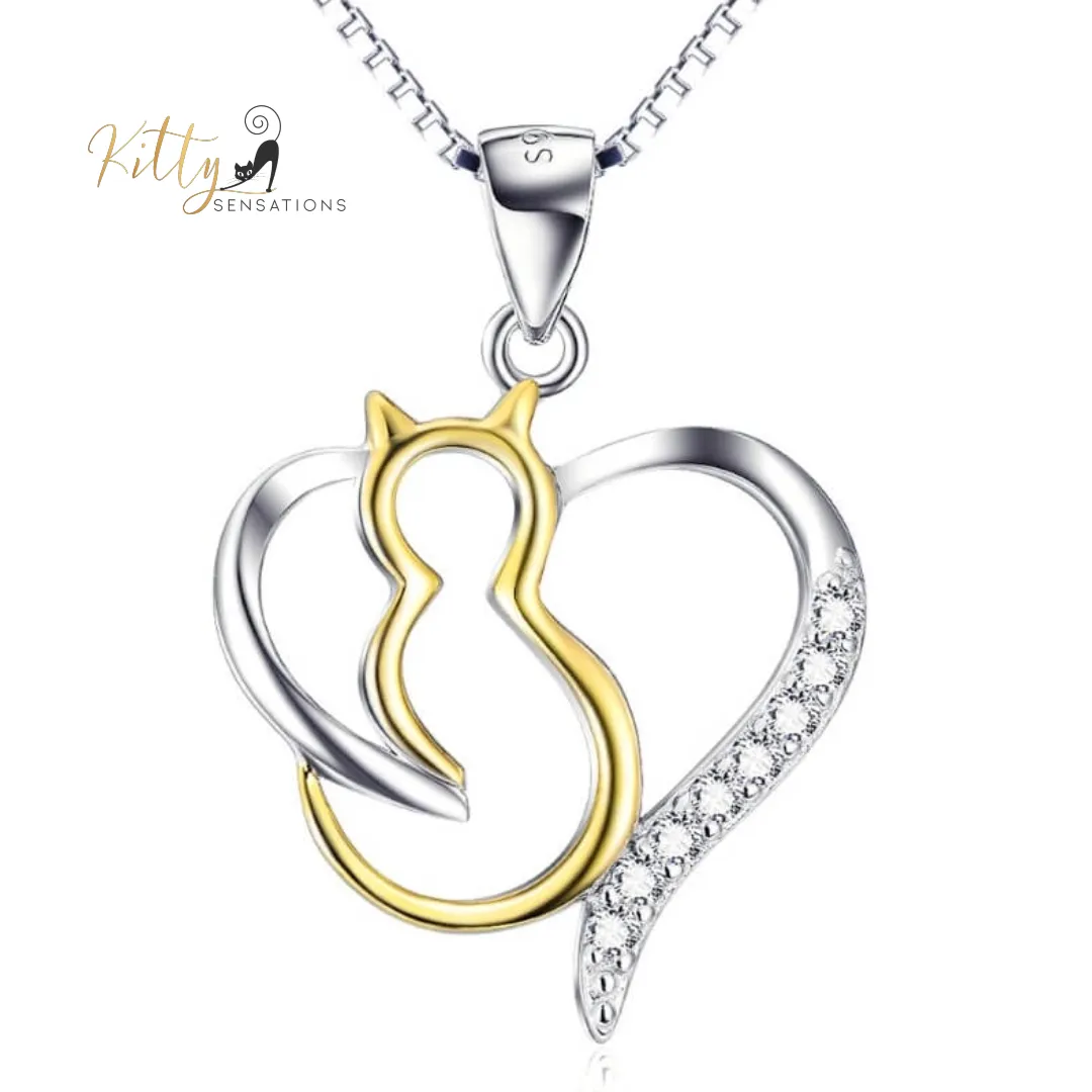 Heart Cat Necklace in Solid 925 Sterling Silver and 18K Gold Plating