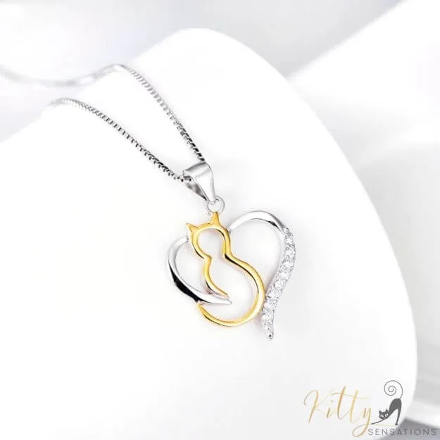 Heart Cat Necklace in Solid 925 Sterling Silver and 18K Gold Plating