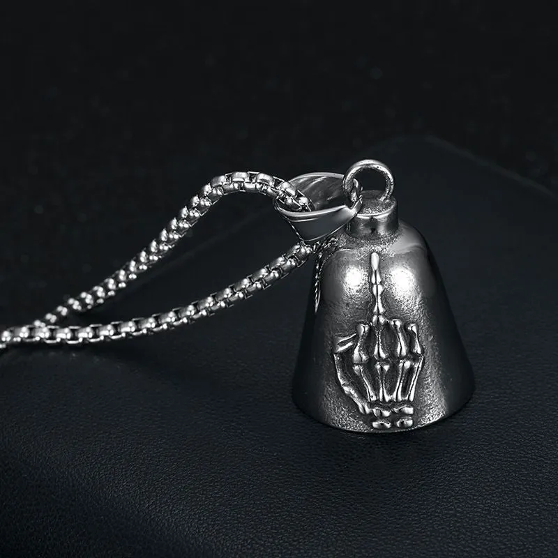 Hip Hop Titanium Steel Vintage Punk Skull Palm Middle Finger Motorcycle Riding Lucky Exorcism Bell Pendant