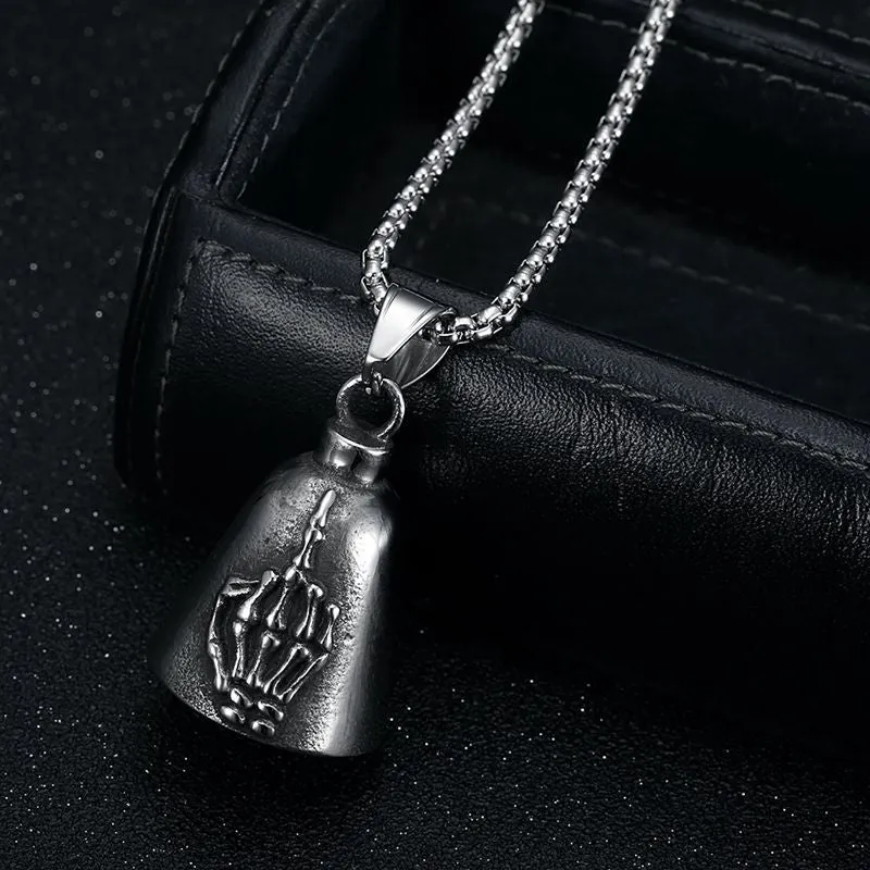 Hip Hop Titanium Steel Vintage Punk Skull Palm Middle Finger Motorcycle Riding Lucky Exorcism Bell Pendant