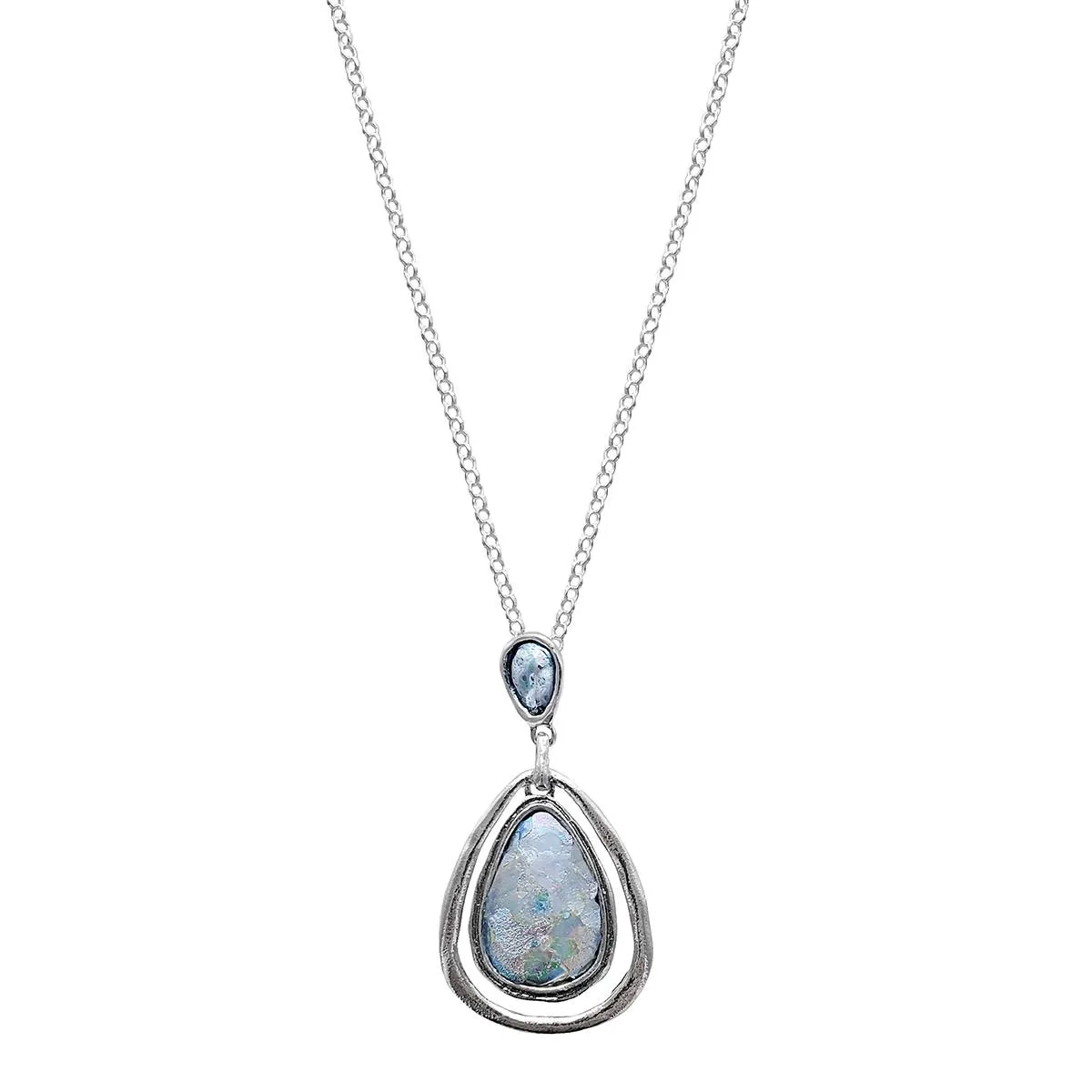 Israeli Roman Glass Free Flowing Teardrop Pendant Necklace