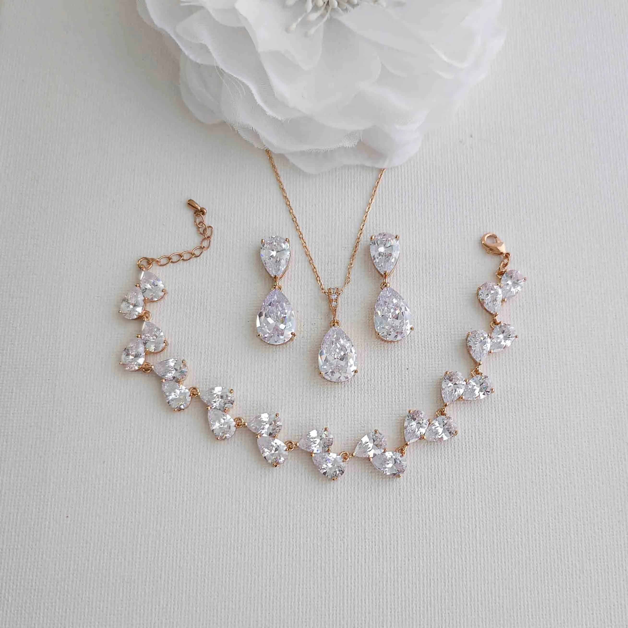 Jewelry Set in Gold with CZ Teardrops-Clara