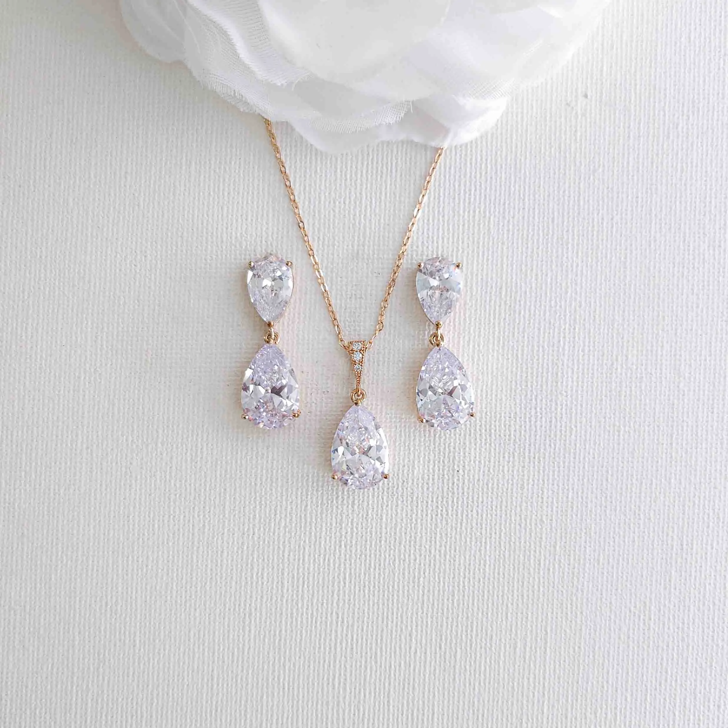 Jewelry Set in Gold with CZ Teardrops-Clara