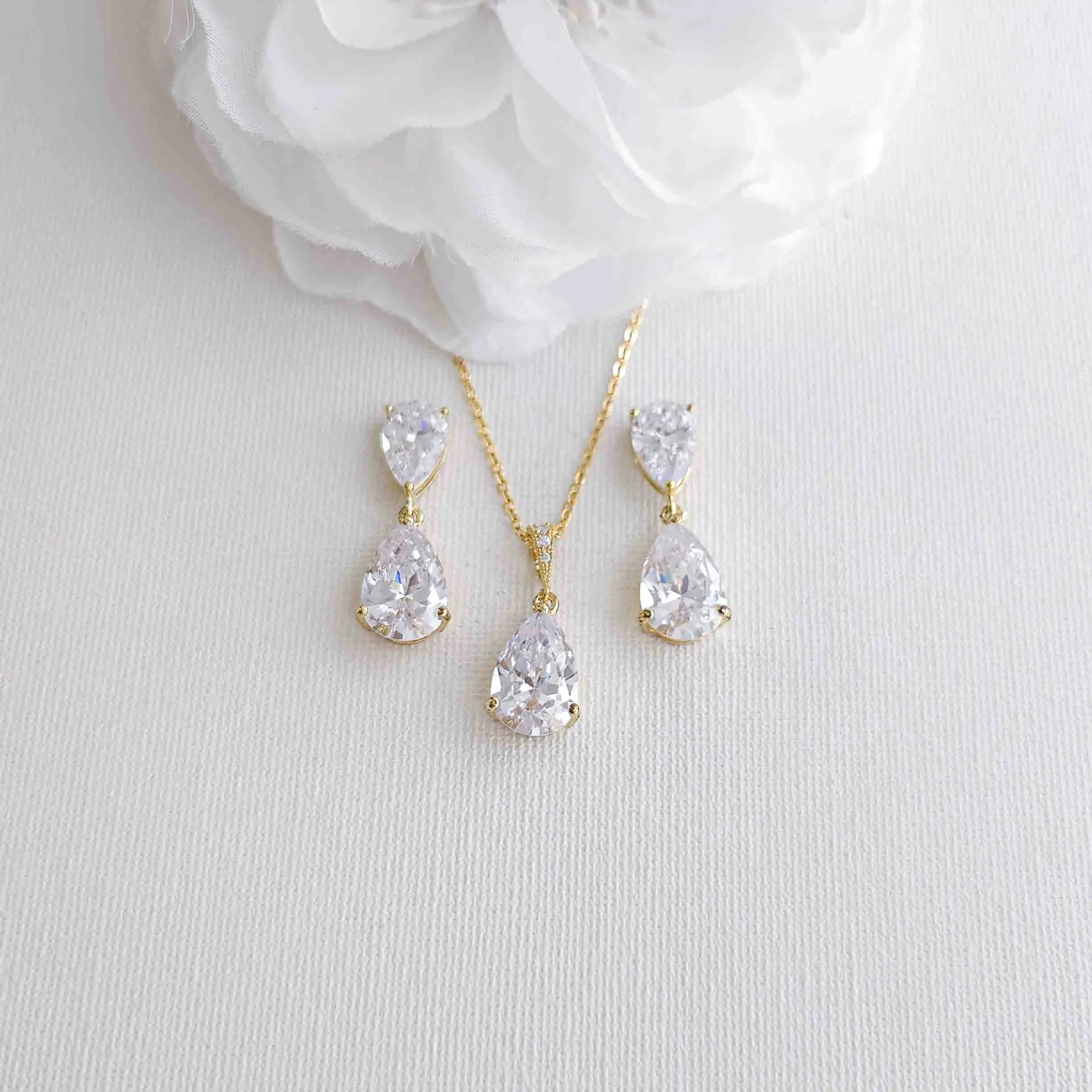 Jewelry Set in Gold with CZ Teardrops-Clara