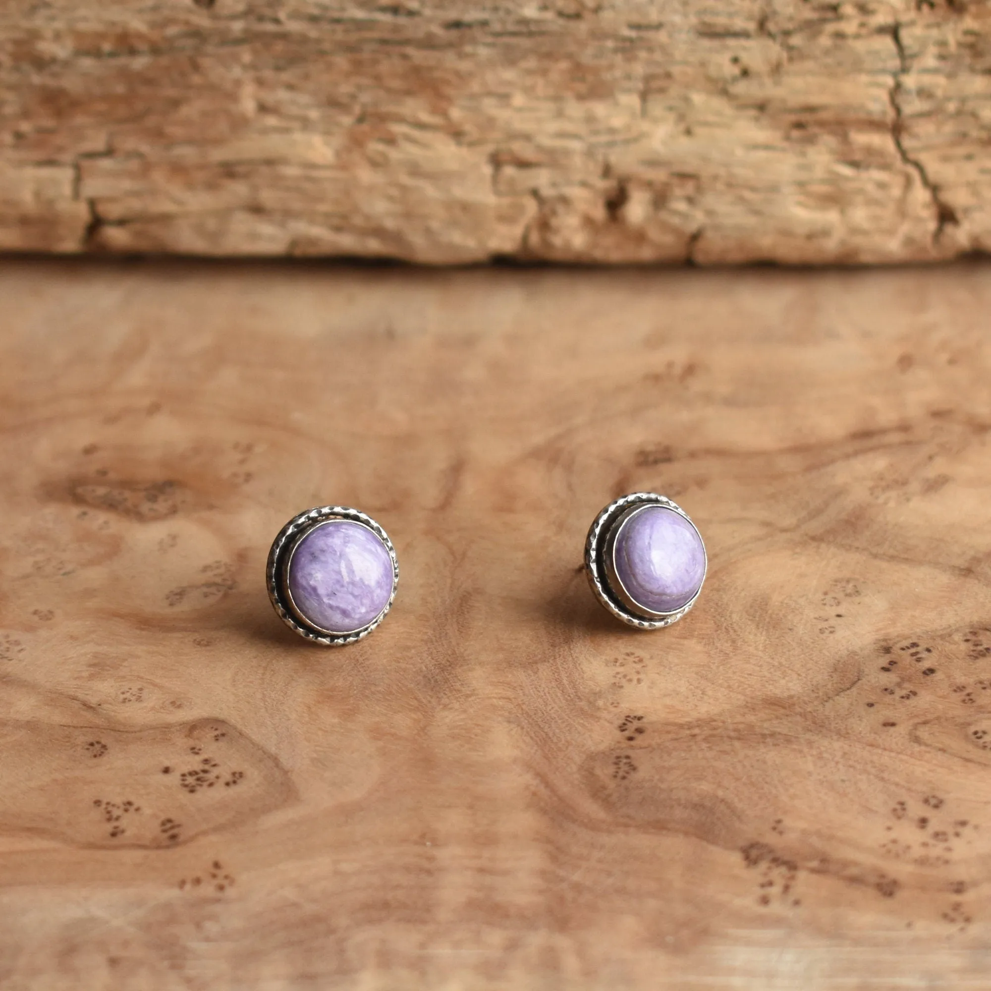 Large Purple Charoite Posts - .925 Sterling Silver - Hammered Post Earrings - Silversmith Studs