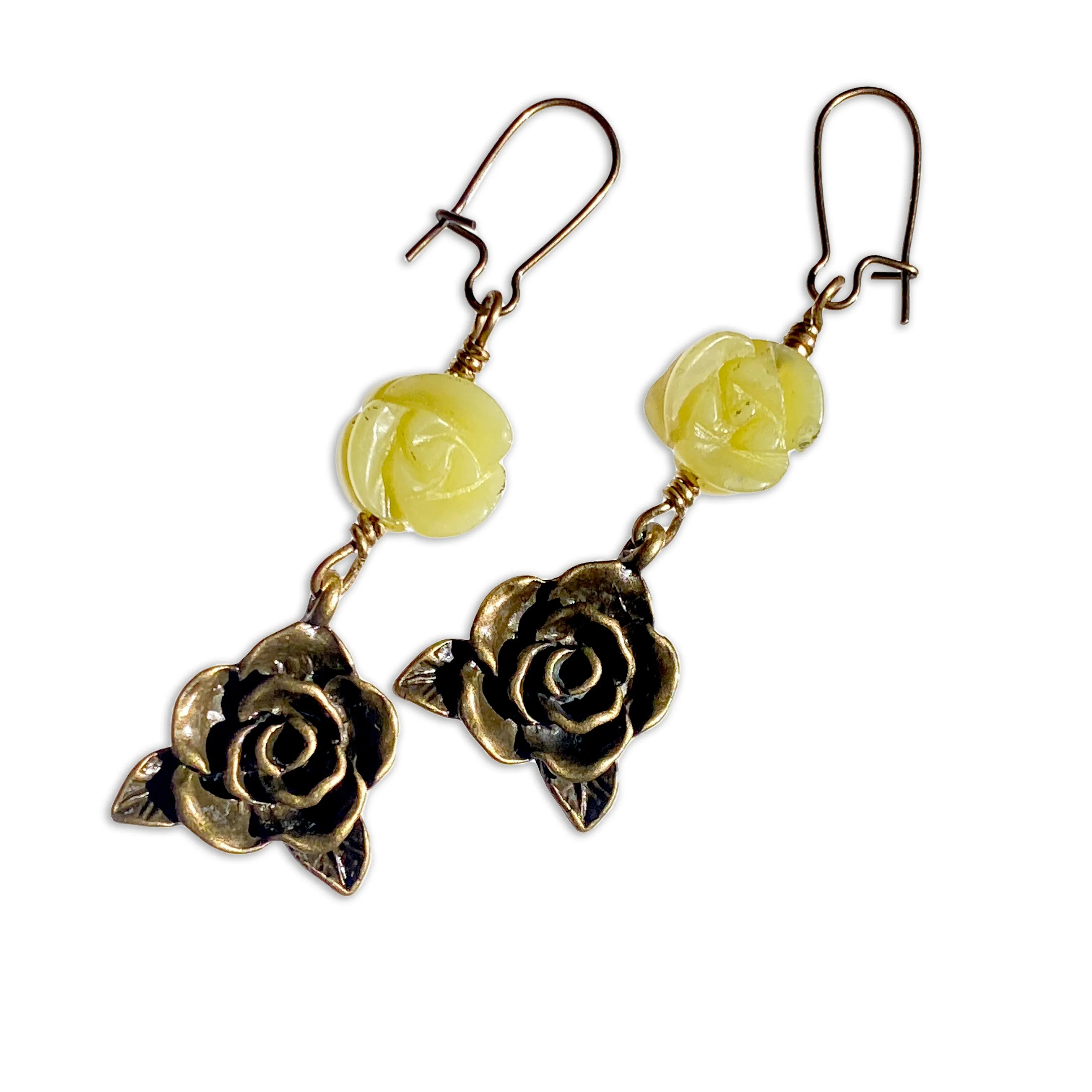 Lemon Jade gemstone and Brass Rose dangle Earrings