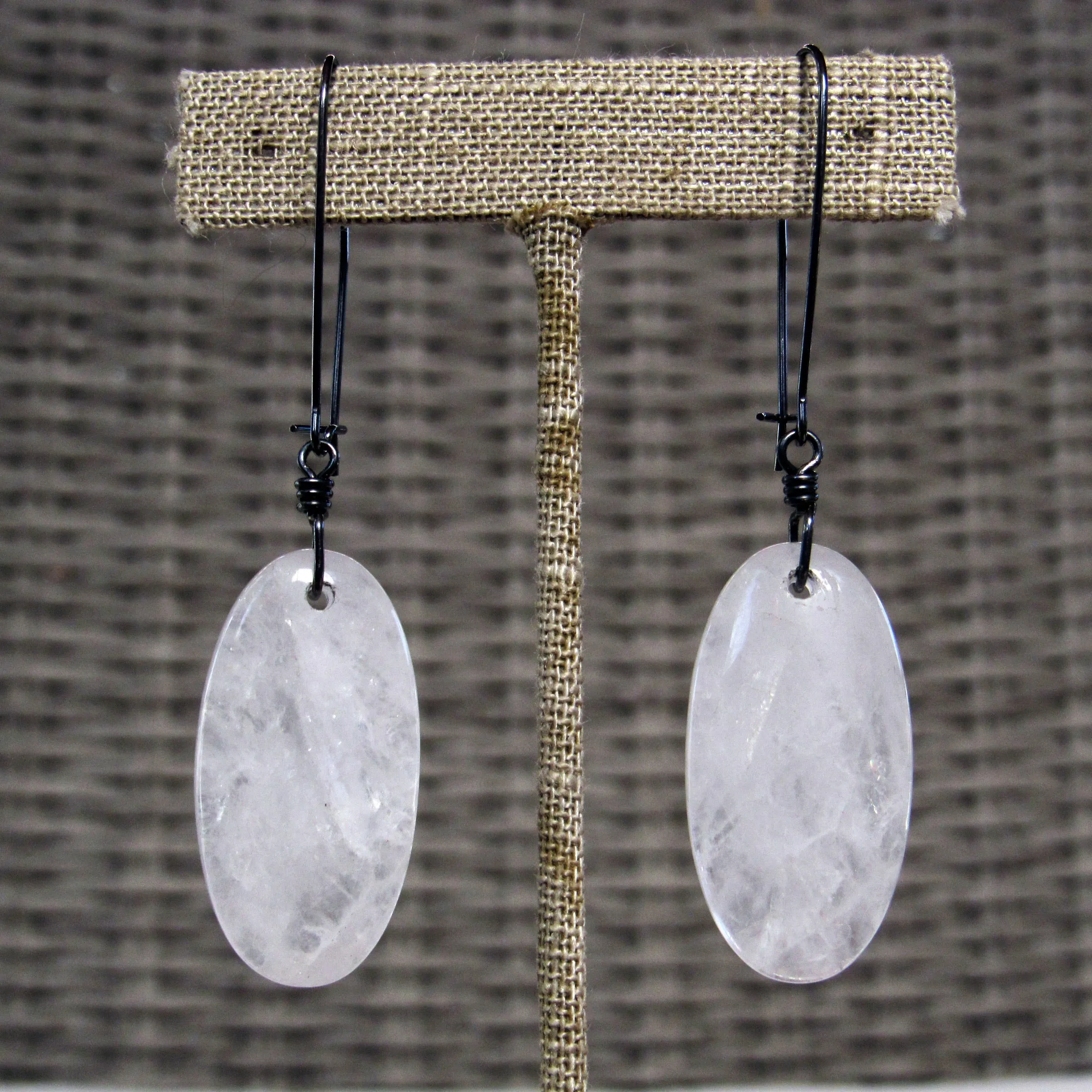 Light Rose Quartz and Hand Wrapped Oxidized Sterling Silver Drop Earrings