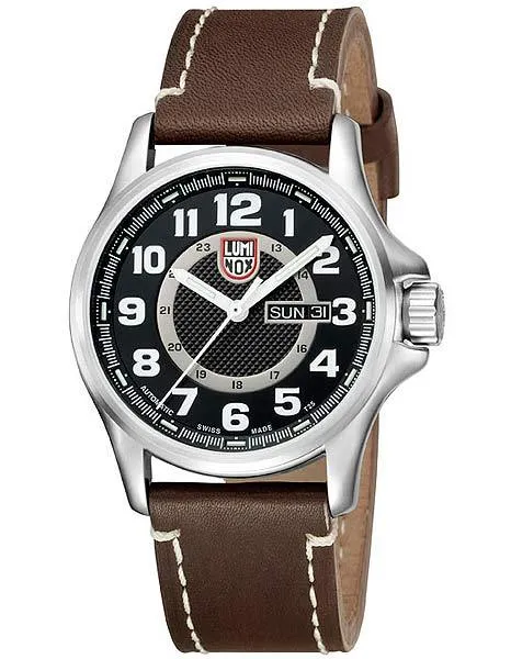 Luminox Mens Automatic Day Date Watch - Black Dial - Brown Leather Strap