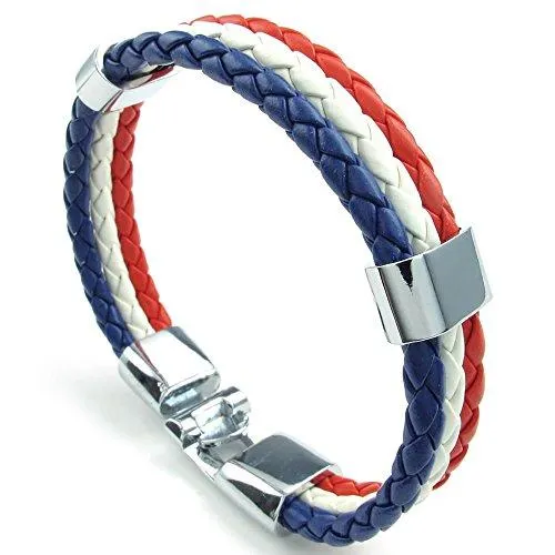 Men Women Feather Bracelet, French France Flag Cuff Bangle, Blue White Red, 8" 8.5" 9"