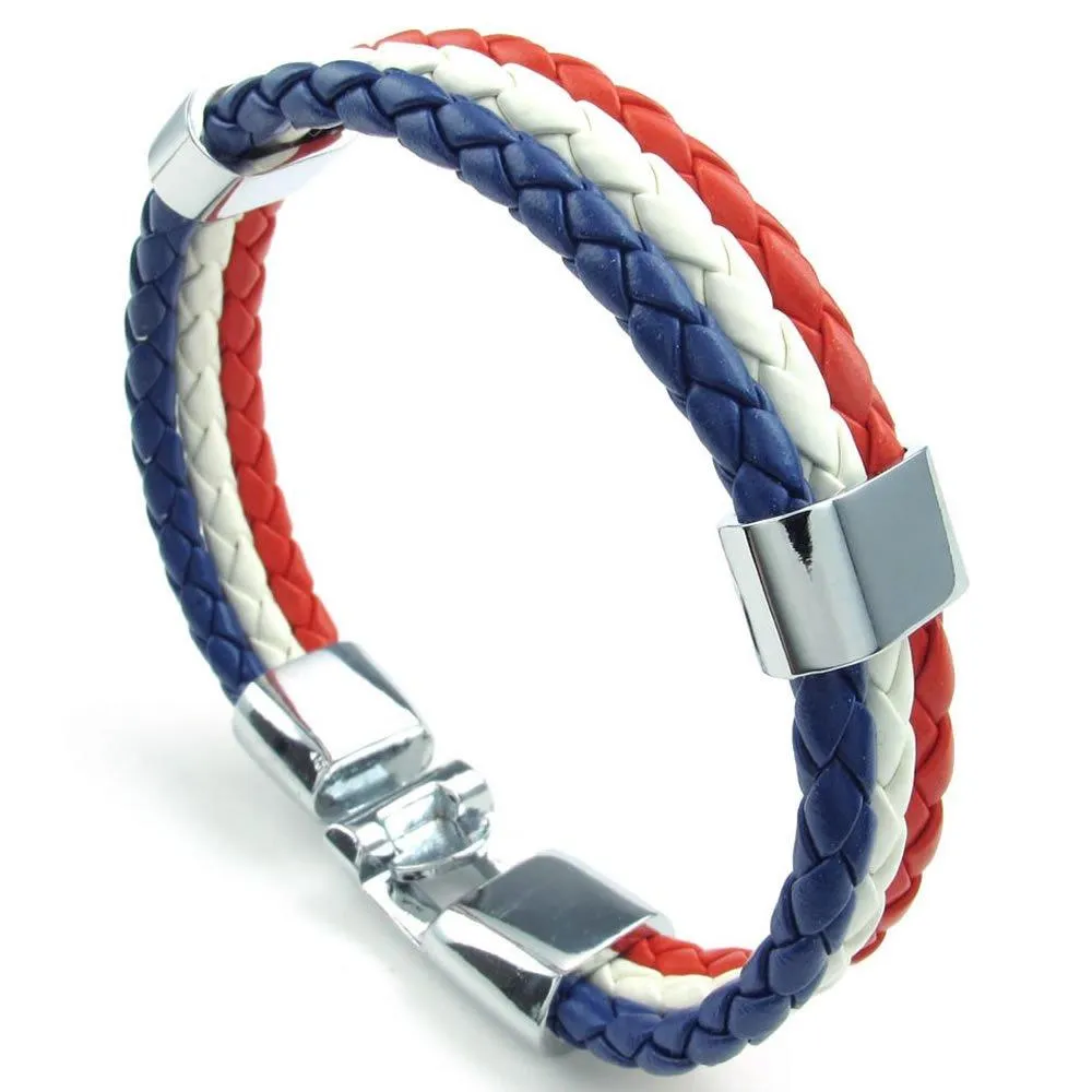 Men Women Feather Bracelet, French France Flag Cuff Bangle, Blue White Red, 8" 8.5" 9"