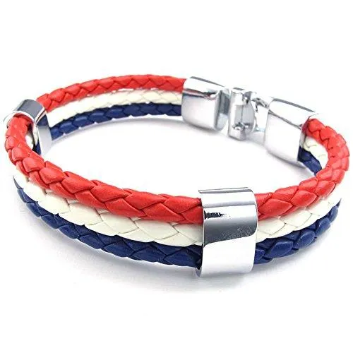 Men Women Feather Bracelet, French France Flag Cuff Bangle, Blue White Red, 8" 8.5" 9"