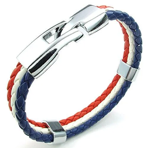 Men Women Feather Bracelet, French France Flag Cuff Bangle, Blue White Red, 8" 8.5" 9"