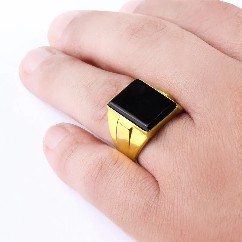 Men's Ring 10k Yellow Gold with Black Onyx Natural Stone Ring for Men