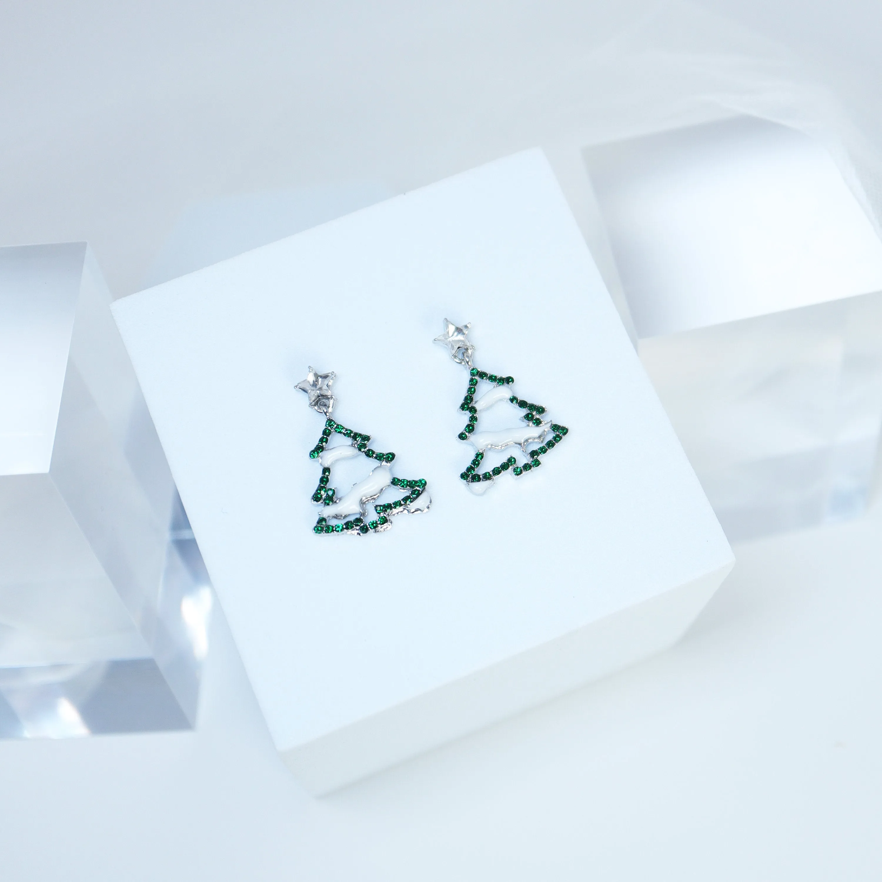 Minimalist Rhinestone Snowy Green Christmas Tree Star Topper Dangle Earrings, Crystal Tree Earring, Statement Christmas Earring.