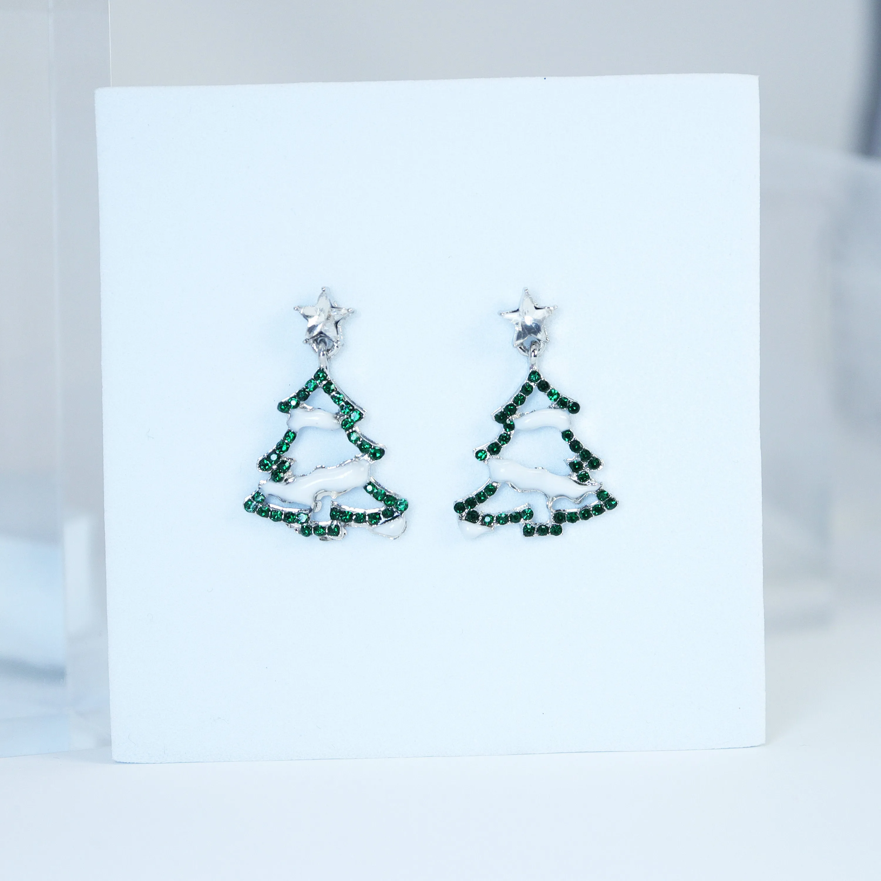 Minimalist Rhinestone Snowy Green Christmas Tree Star Topper Dangle Earrings, Crystal Tree Earring, Statement Christmas Earring.