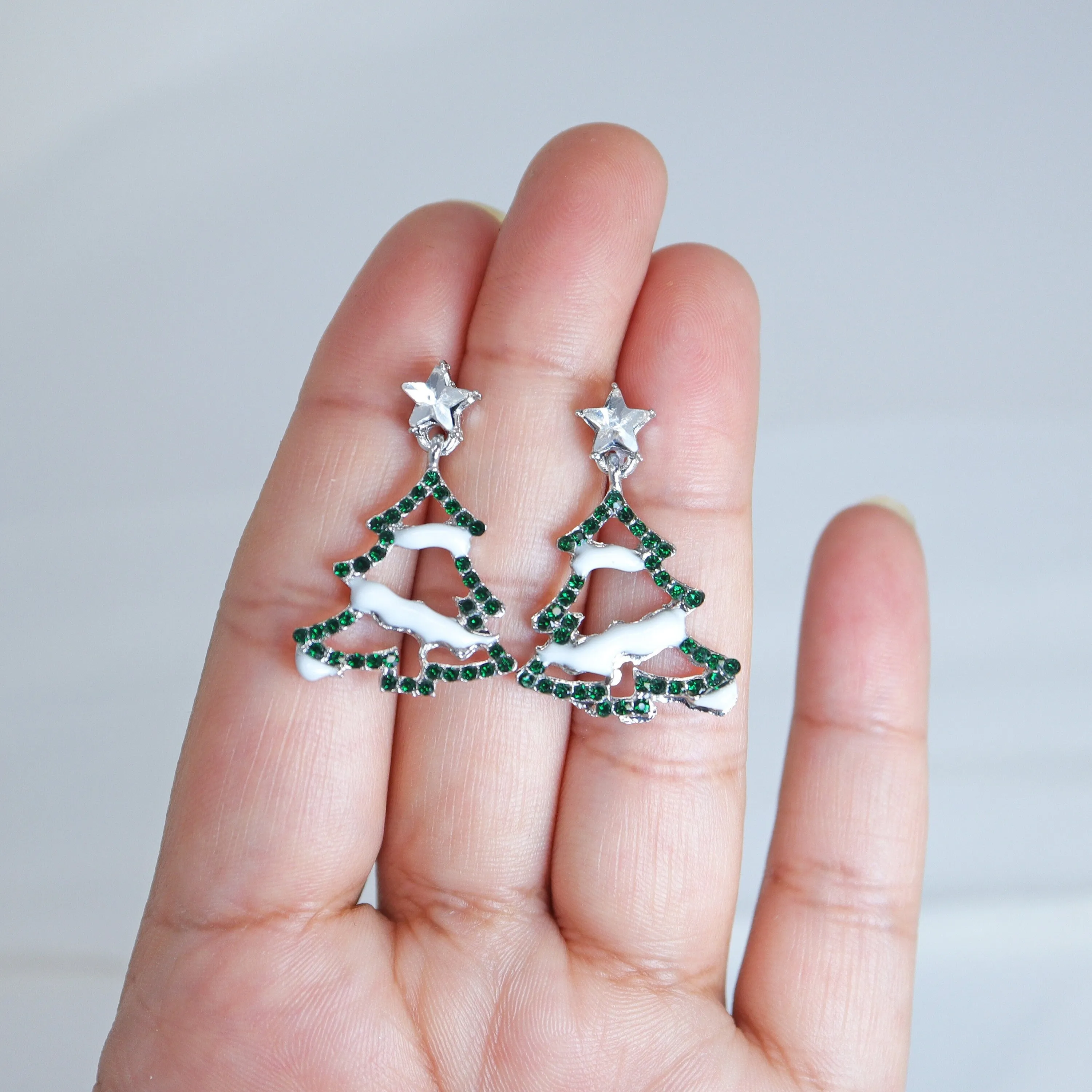 Minimalist Rhinestone Snowy Green Christmas Tree Star Topper Dangle Earrings, Crystal Tree Earring, Statement Christmas Earring.