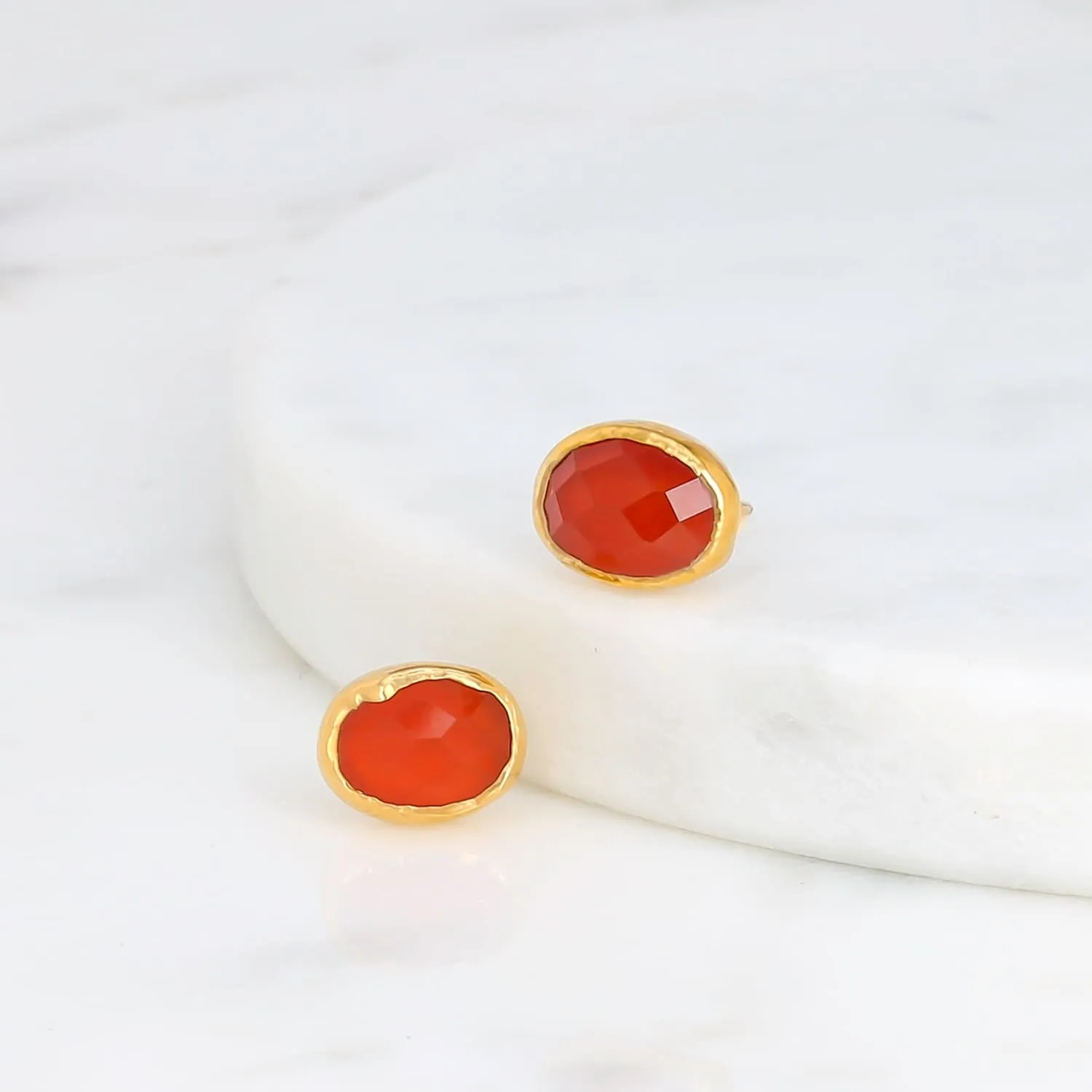 Oval Rosecut Raw Carnelian Earrings, Raw Carnelian Studs, Dainty