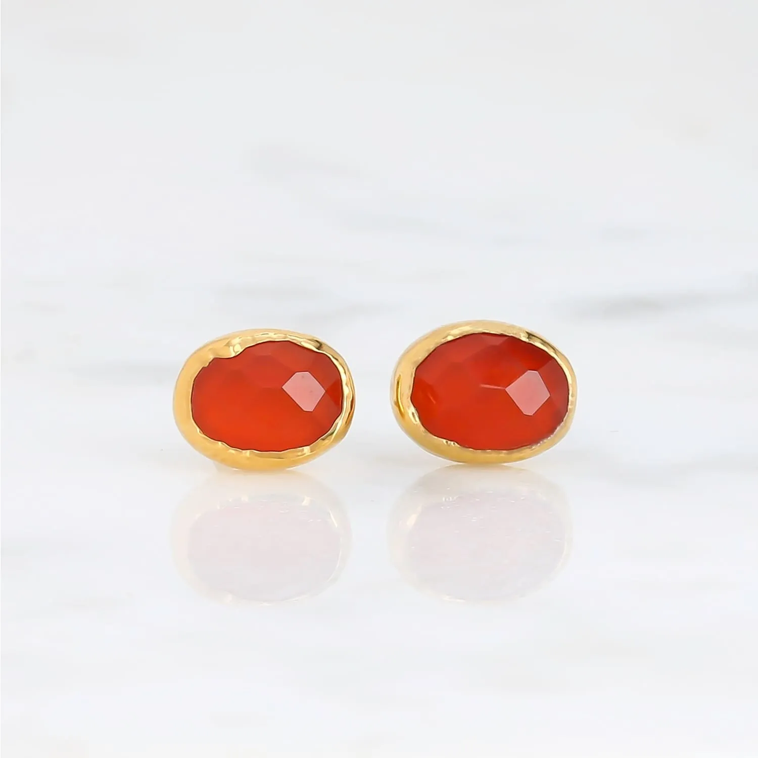 Oval Rosecut Raw Carnelian Earrings, Raw Carnelian Studs, Dainty