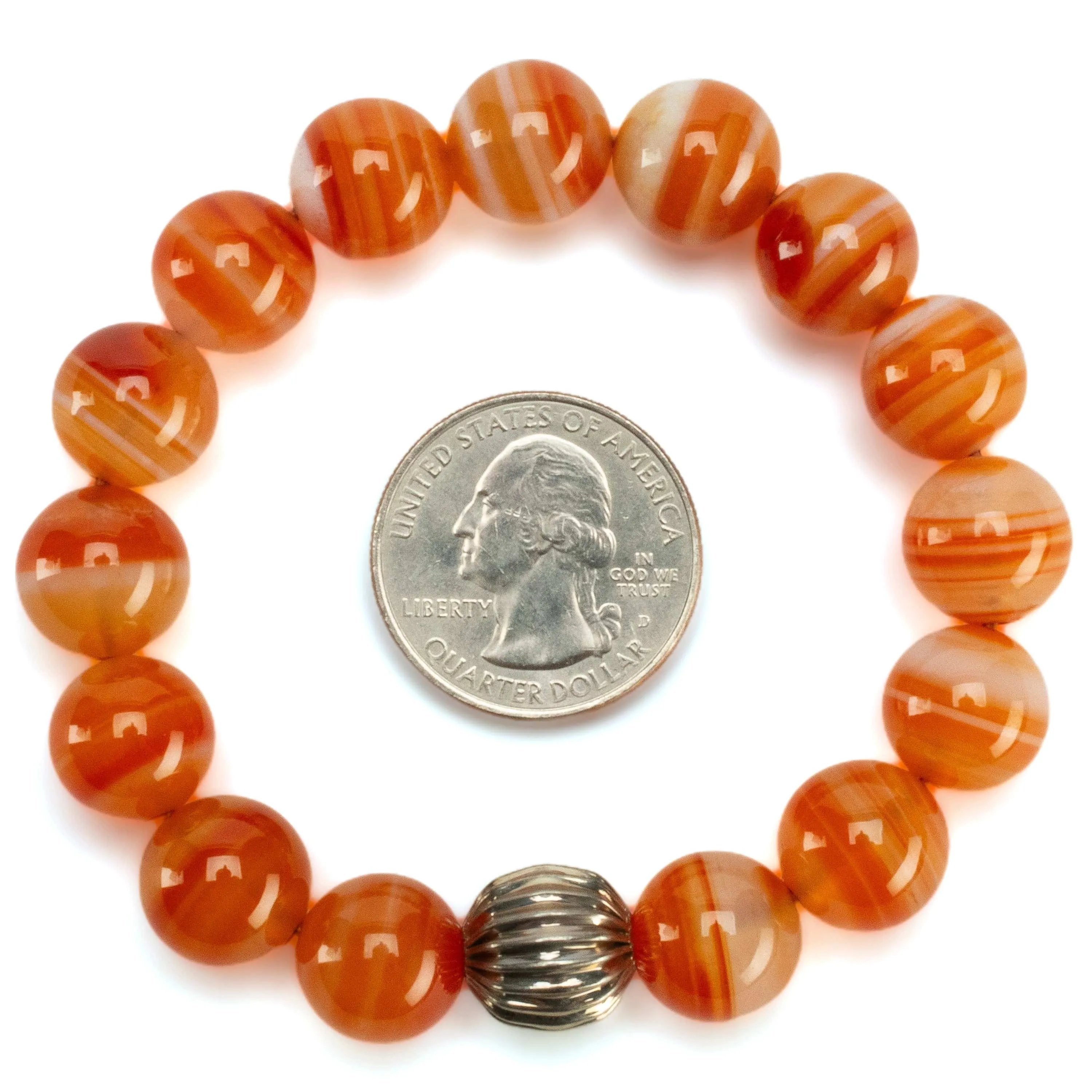 Polished Banded Carnelian 12mm Gemstone Bead Elastic Bracelet with Silver Accent Bead