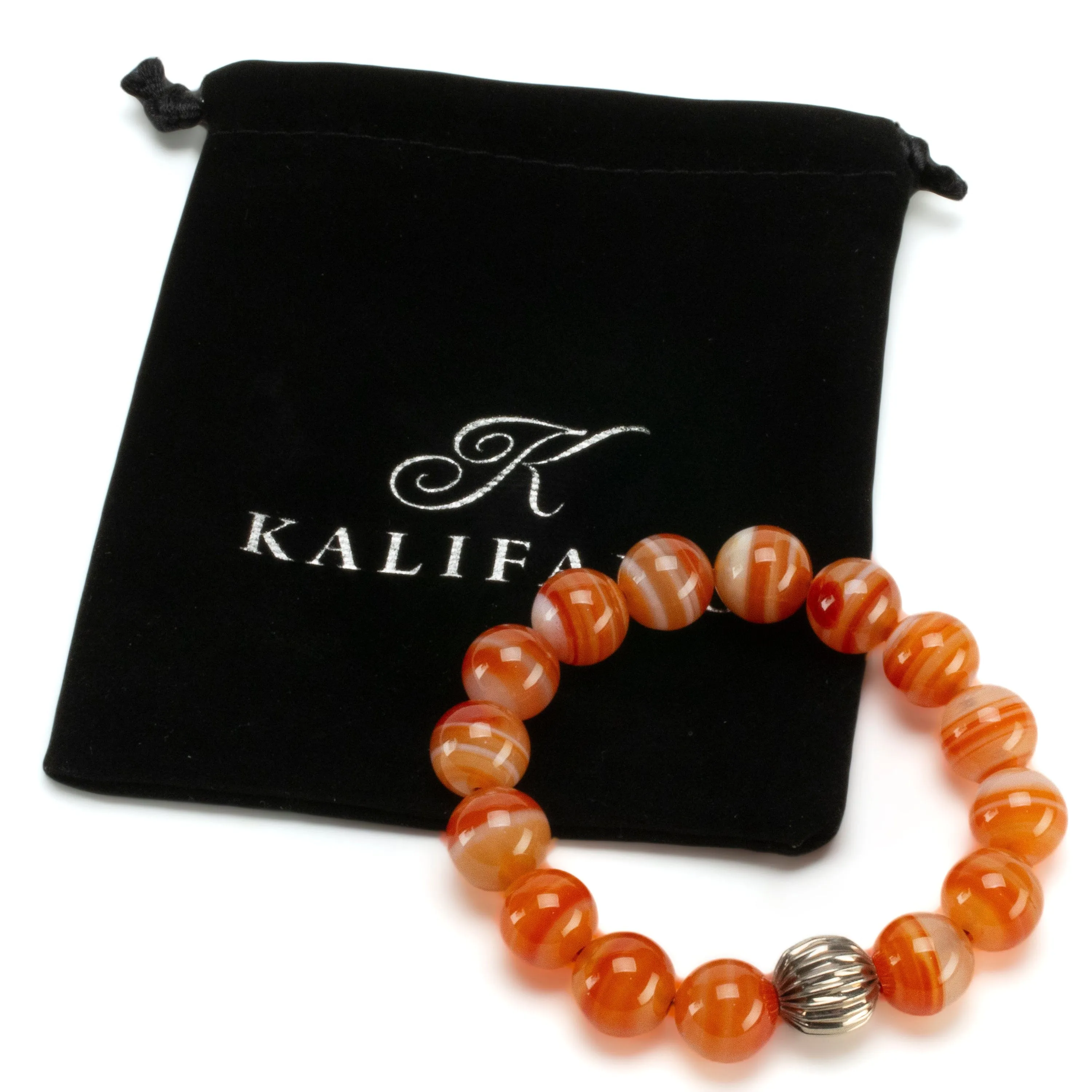 Polished Banded Carnelian 12mm Gemstone Bead Elastic Bracelet with Silver Accent Bead