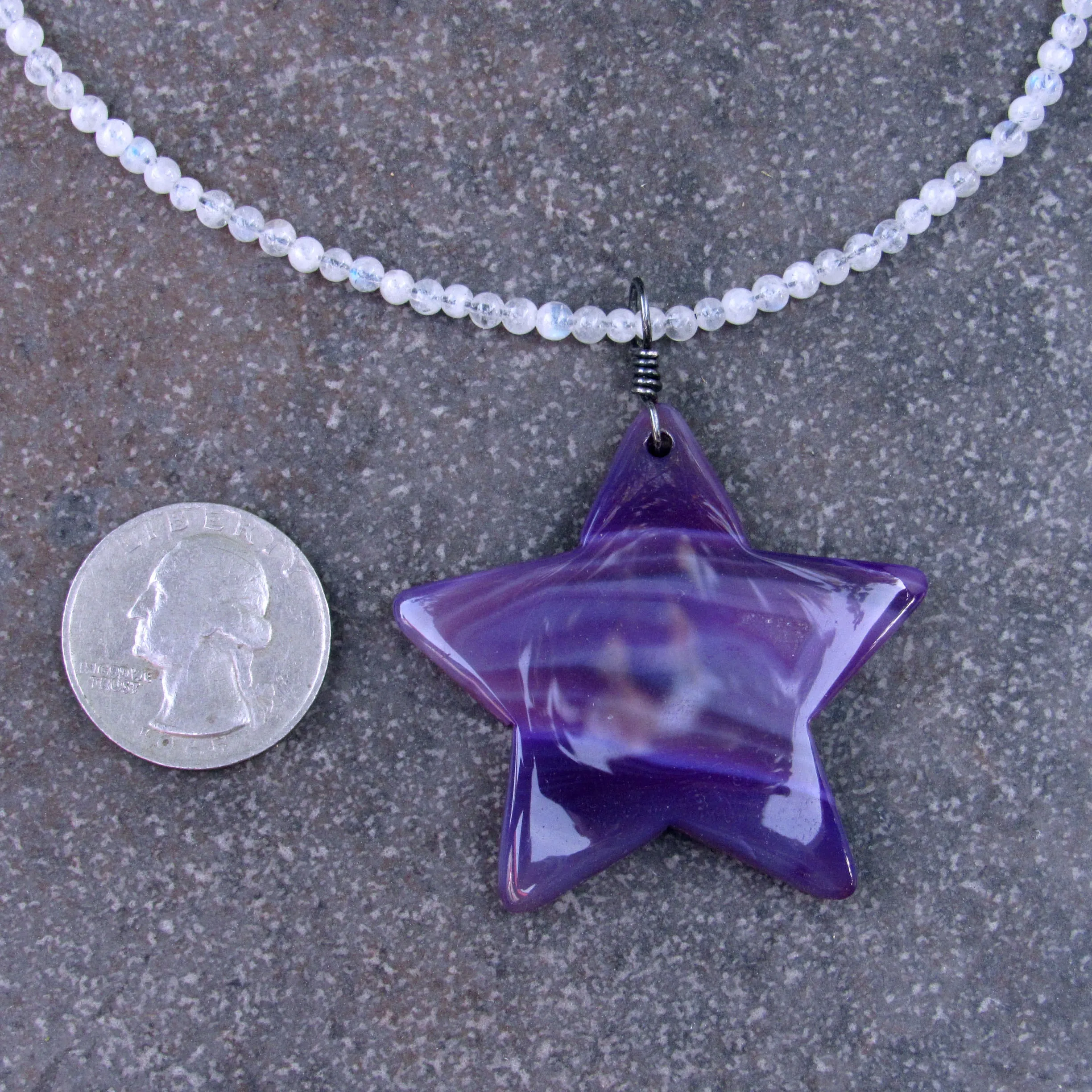 Purple Onyx Agate Star on Moonstone Beaded Necklace with Oxidized Sterling Silver