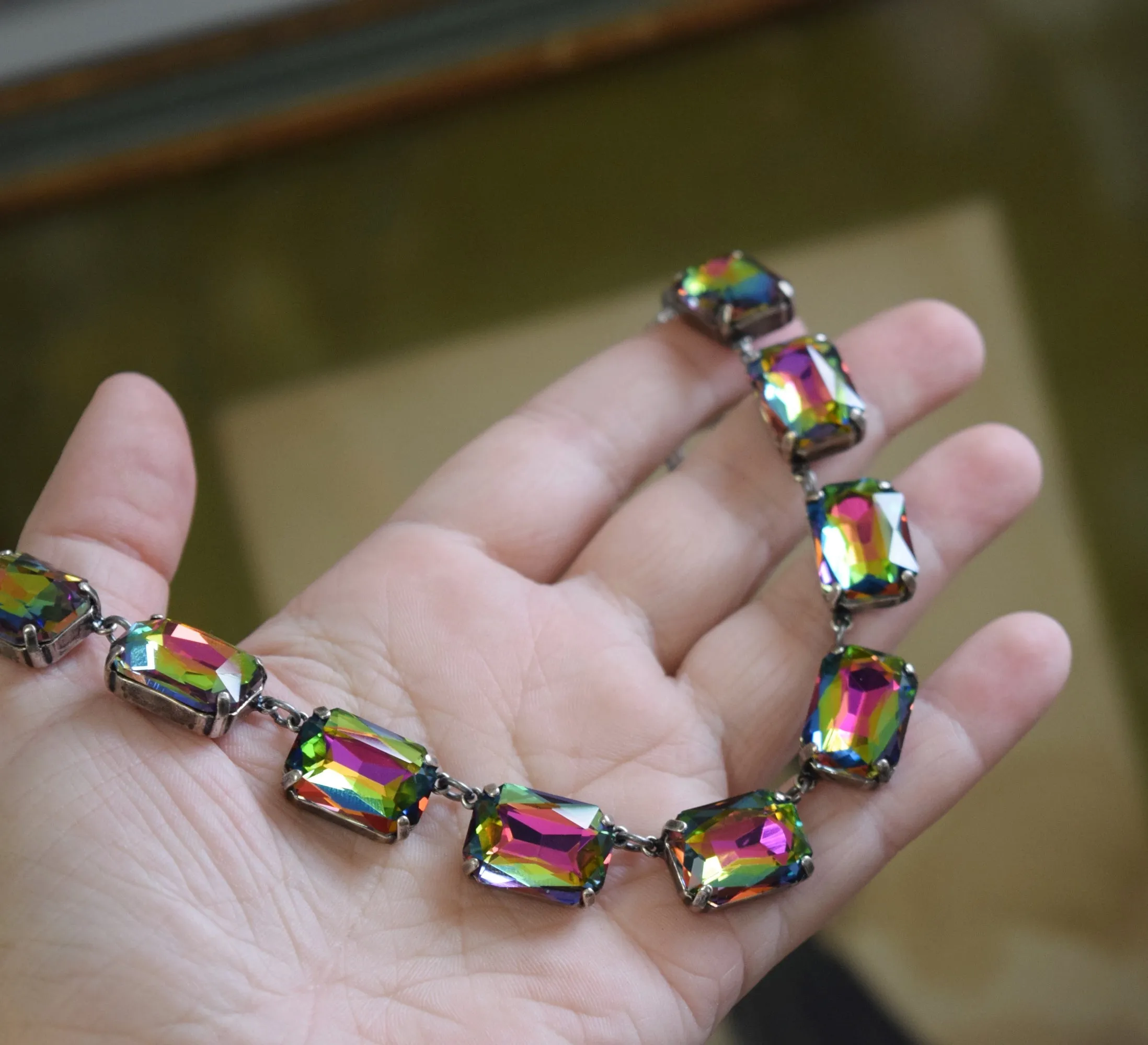 Rainbow Aurora Crystal Collet Necklace - Large Octagon