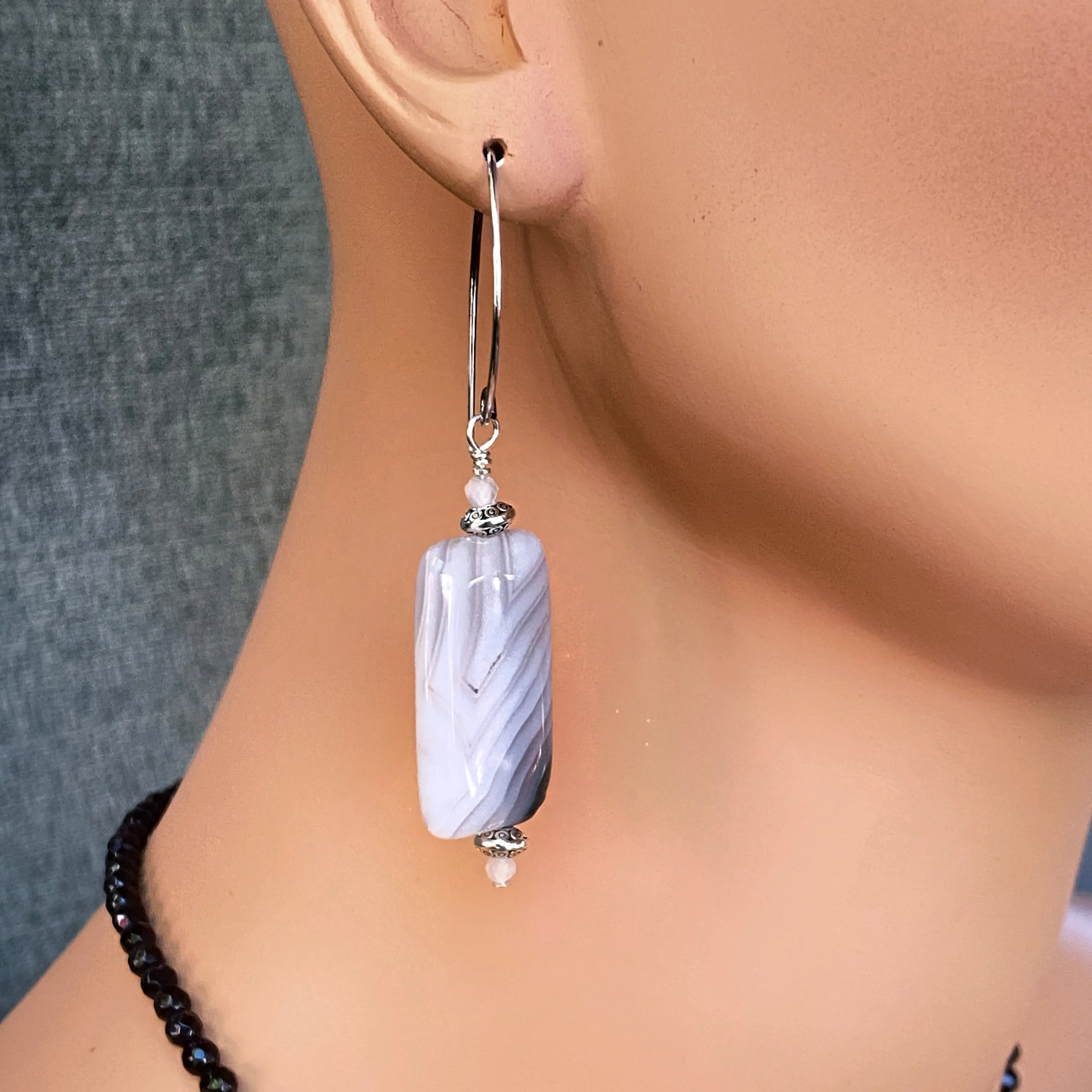 Scenic Dendritic Agate Gemstone, Moonstones, and Sterling Silver Drop Earrings