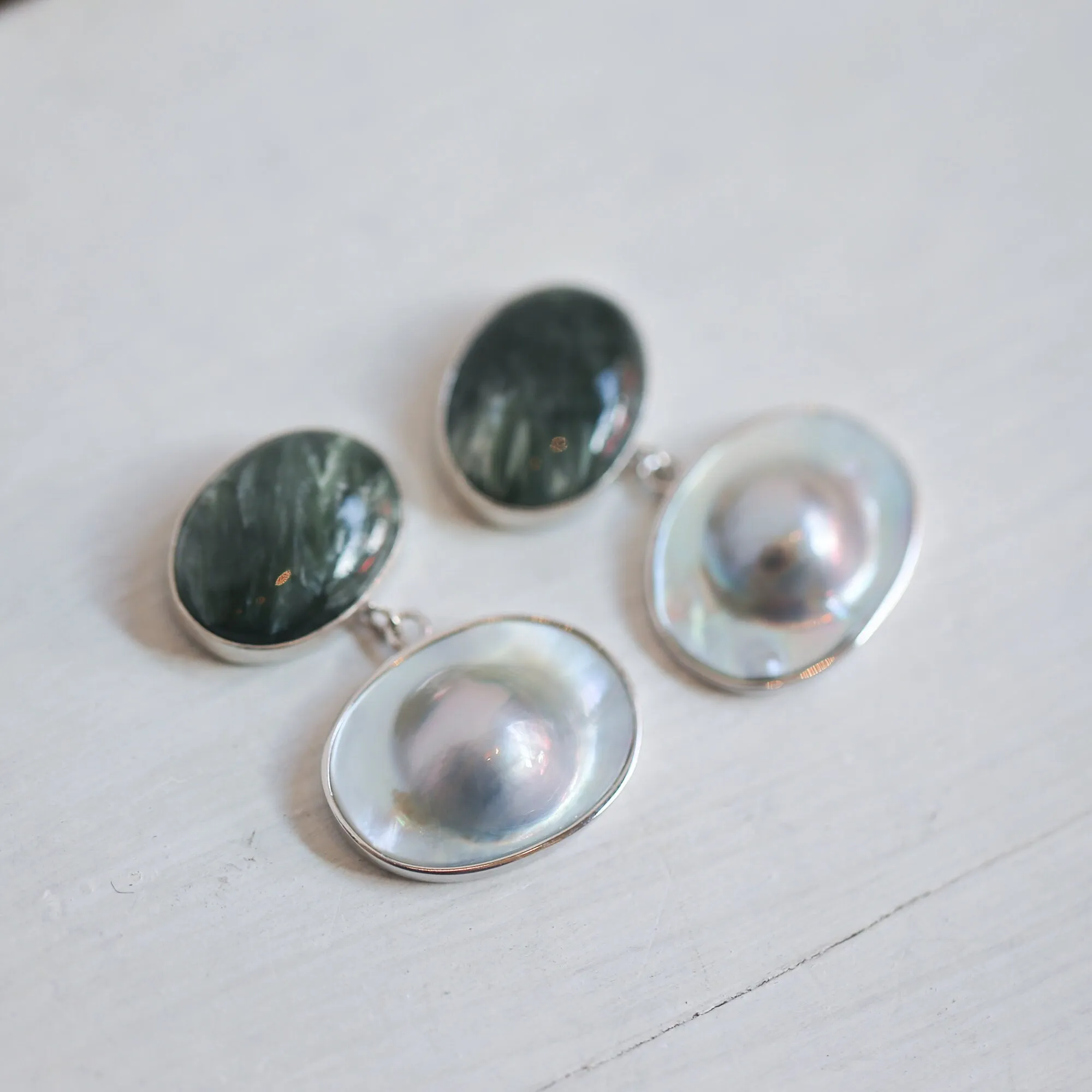 Seraphinite and Blister Pearl Earrings - Pearl Drop Earrings - Silversmith - OOAK