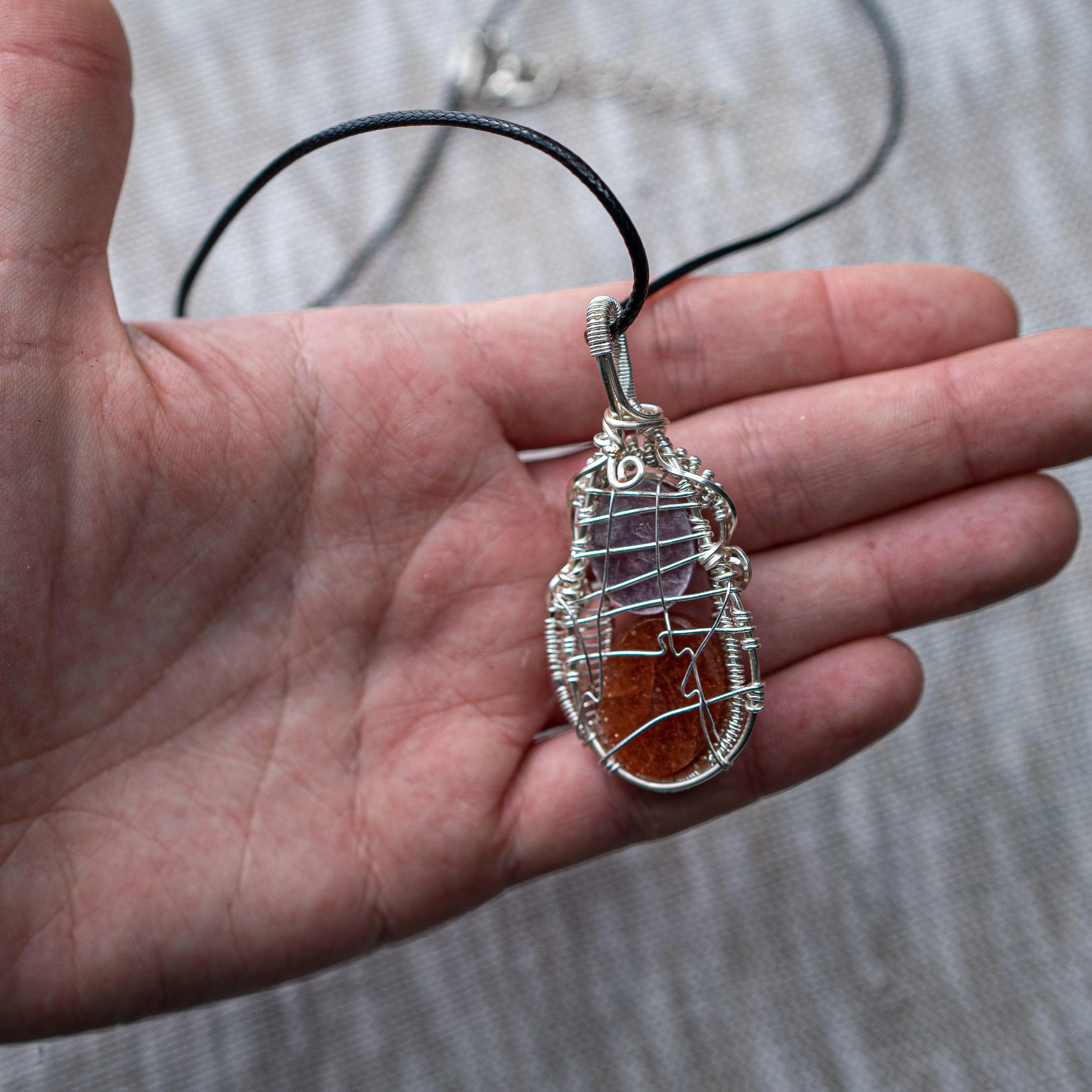 Shimmering Confetti Sunstone and Lepidolite Wire Wrapped Pendant ~ Necklace Cord Included