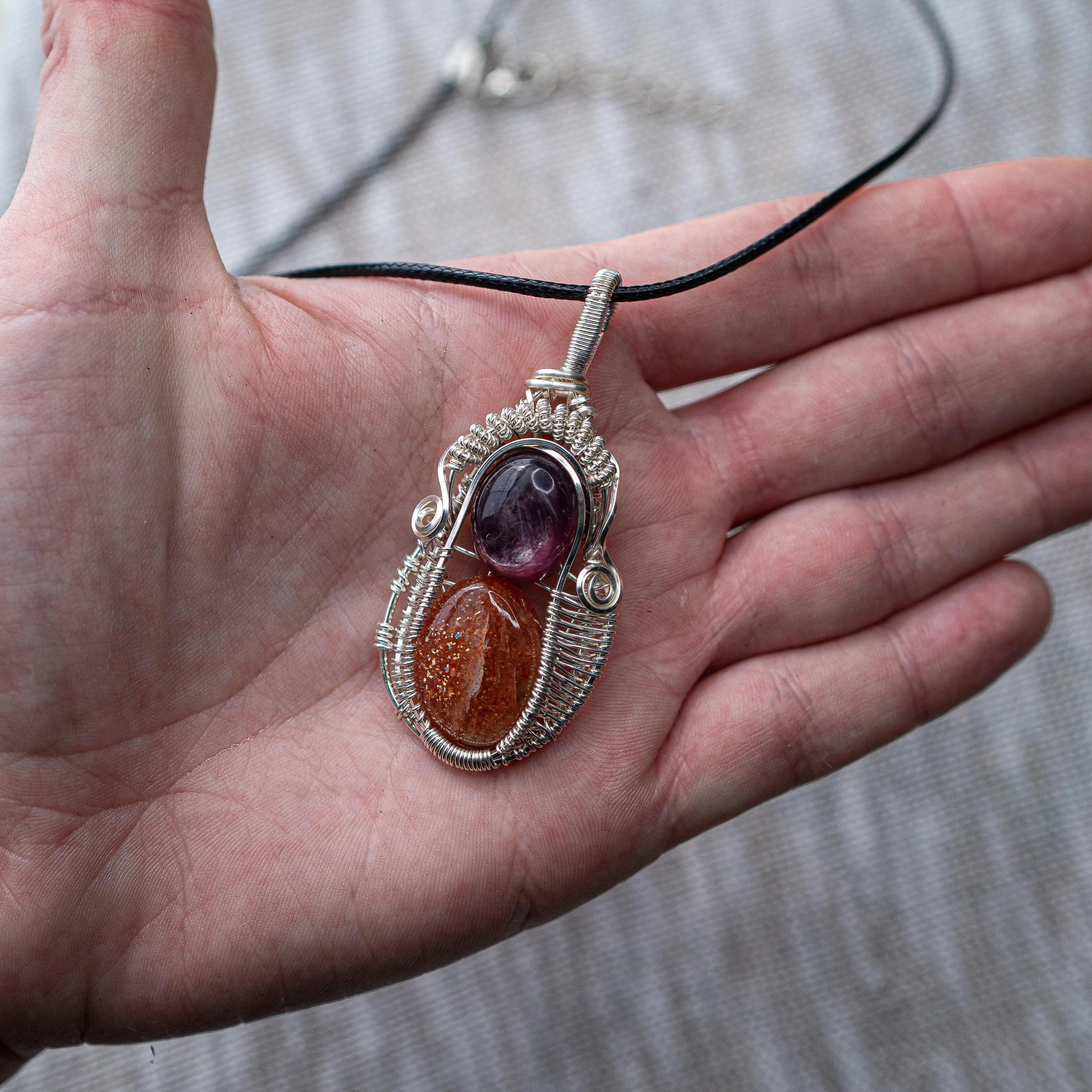 Shimmering Confetti Sunstone and Lepidolite Wire Wrapped Pendant ~ Necklace Cord Included