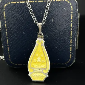 Silver Art Deco Yellow Guilloche Enamel Locket Pendant Necklace