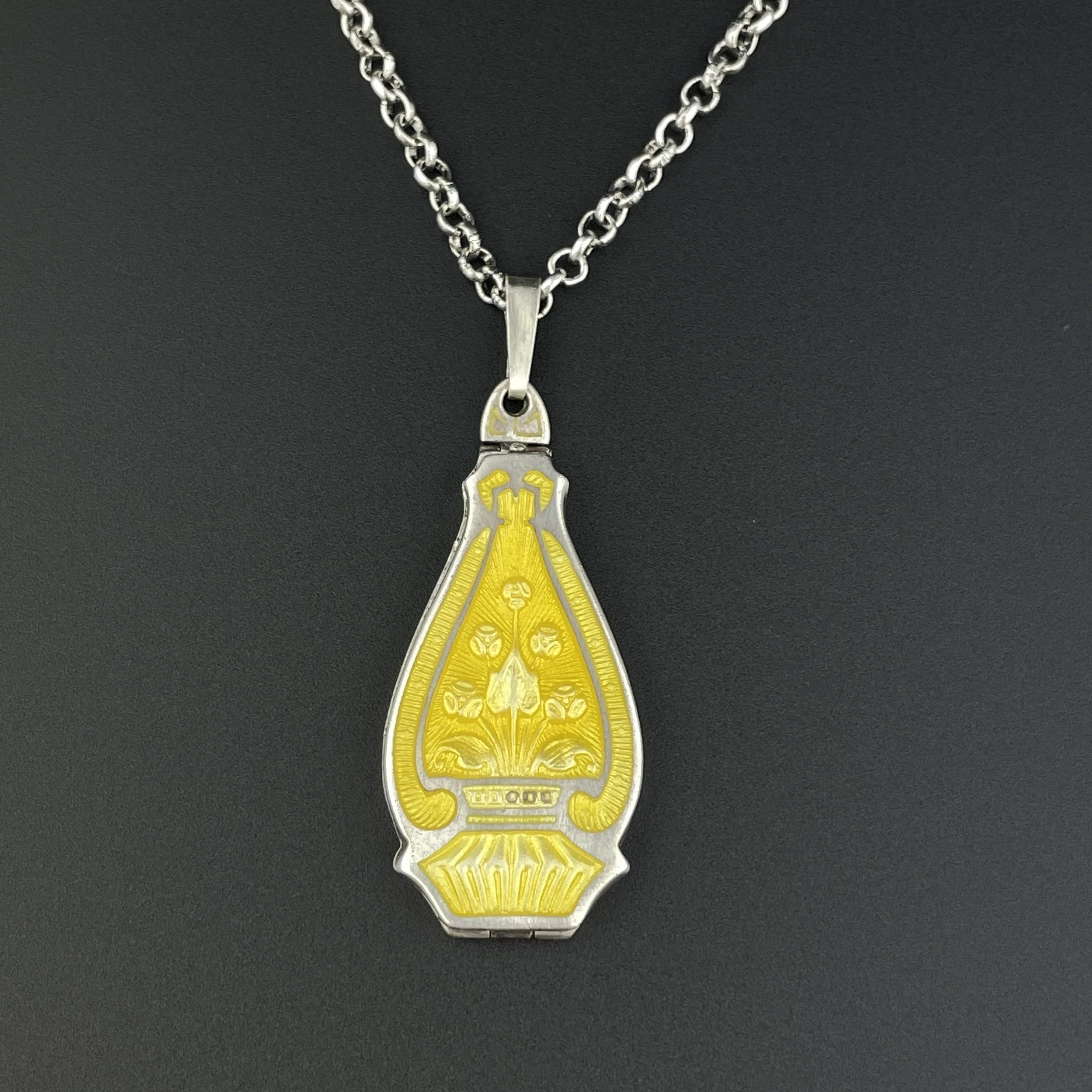 Silver Art Deco Yellow Guilloche Enamel Locket Pendant Necklace