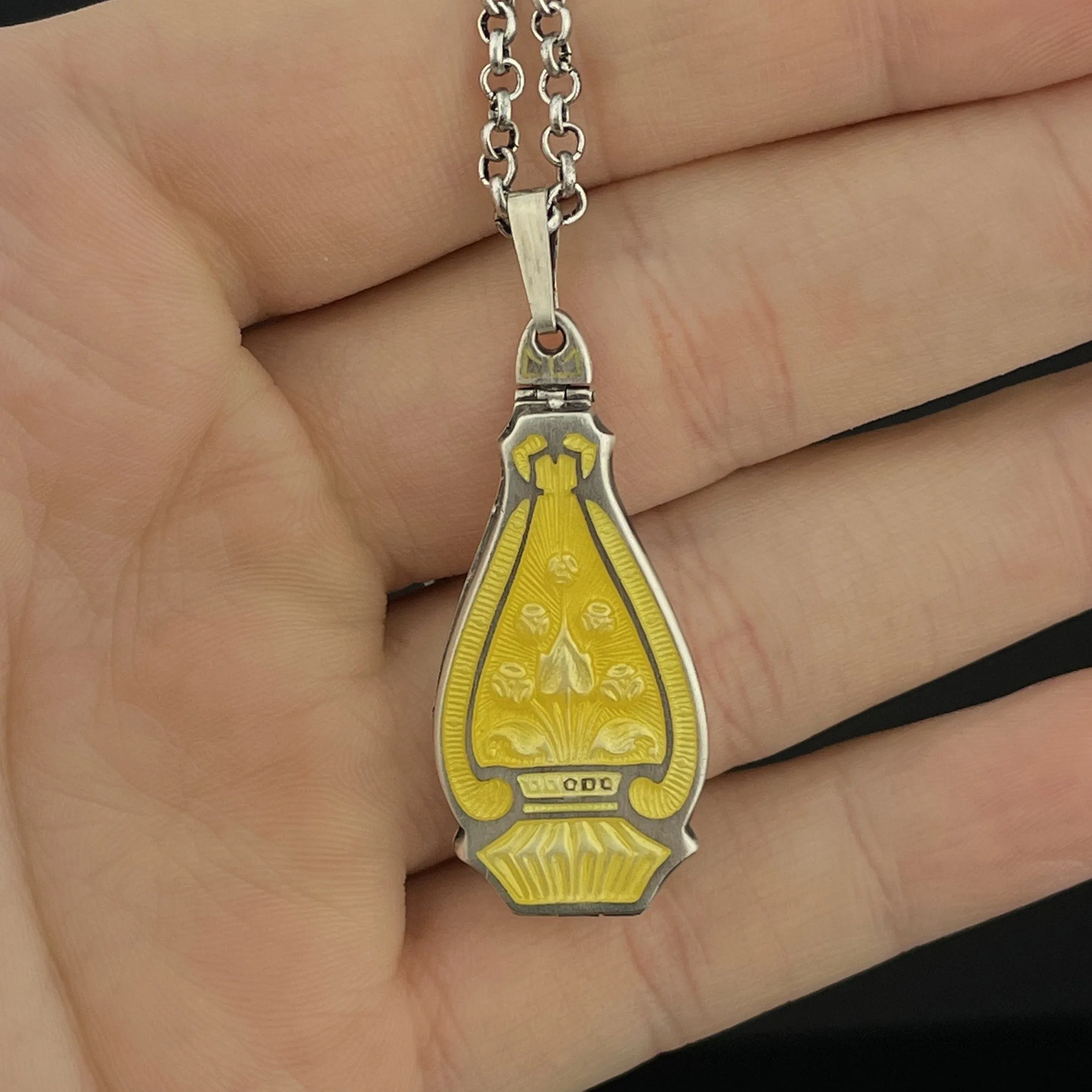 Silver Art Deco Yellow Guilloche Enamel Locket Pendant Necklace