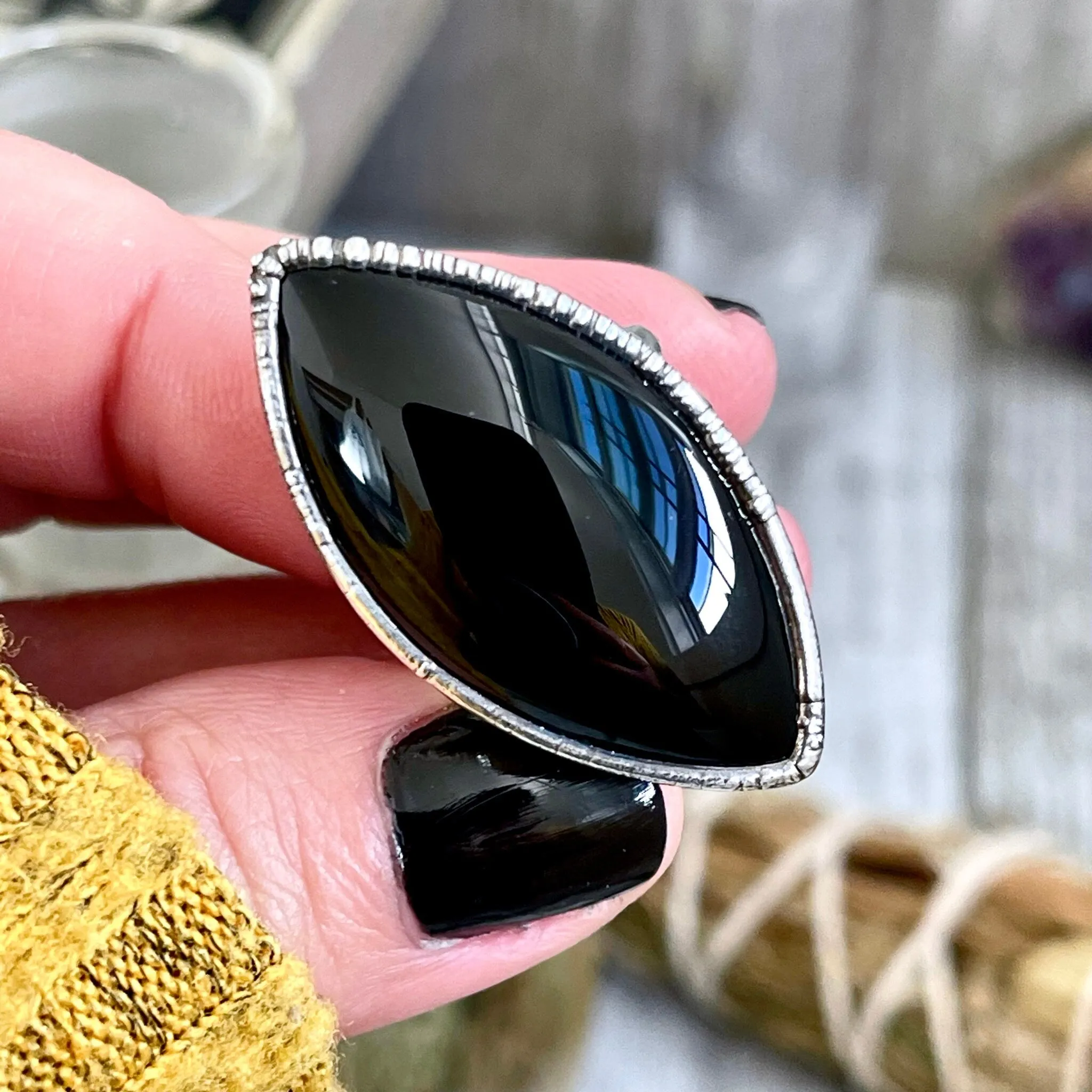 Size 5.5 Natural Black Onyx Ring in Fine Silver /  Large Crystal Ring  - Black Stone Ring - Silver Crystal Ring - Bohemian Jewelry