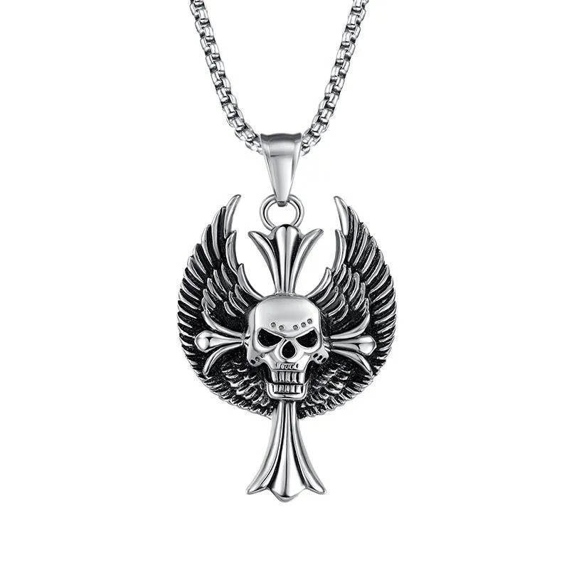 Stainless Steel Cross Skull Wing Pendant Necklace