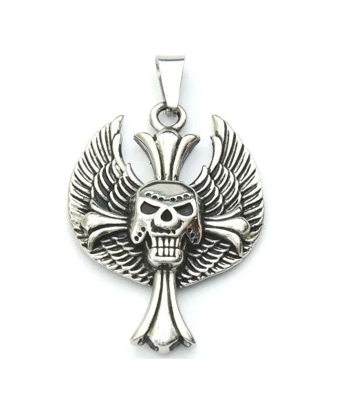 Stainless Steel Cross Skull Wing Pendant Necklace