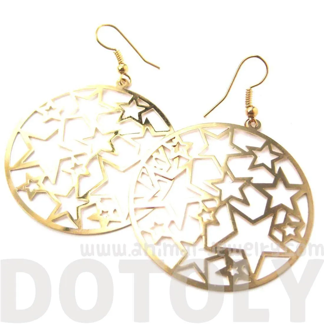 Star Outline Cut Out Round Disk Shaped Dangle Drop Earrings in Gold | DOTOLY