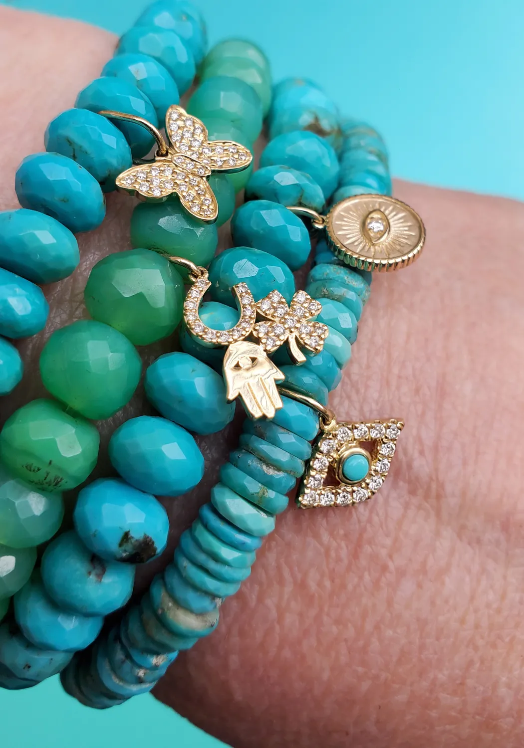 Sydney Evan Diamond Butterfly Charm Turquoise Bead Bracelet