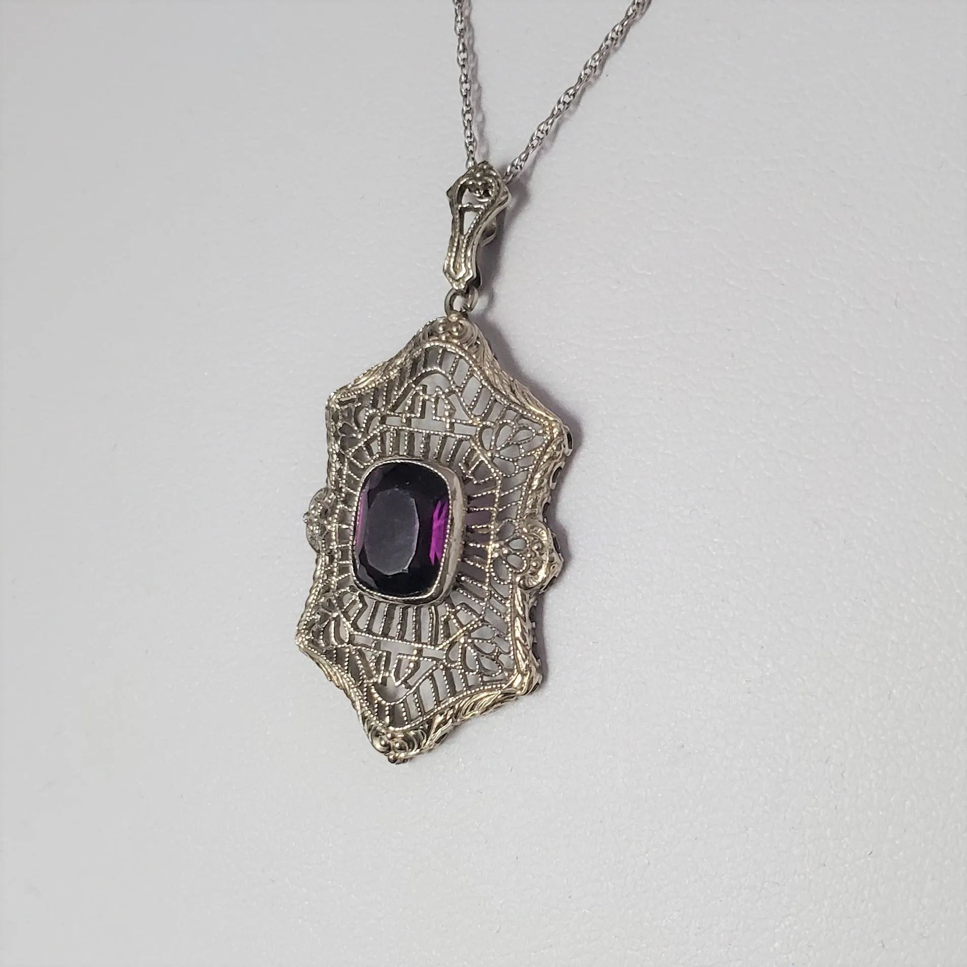 The Ellsworth - Art Deco Era 10k Gold Purple Gem Filigree Necklace