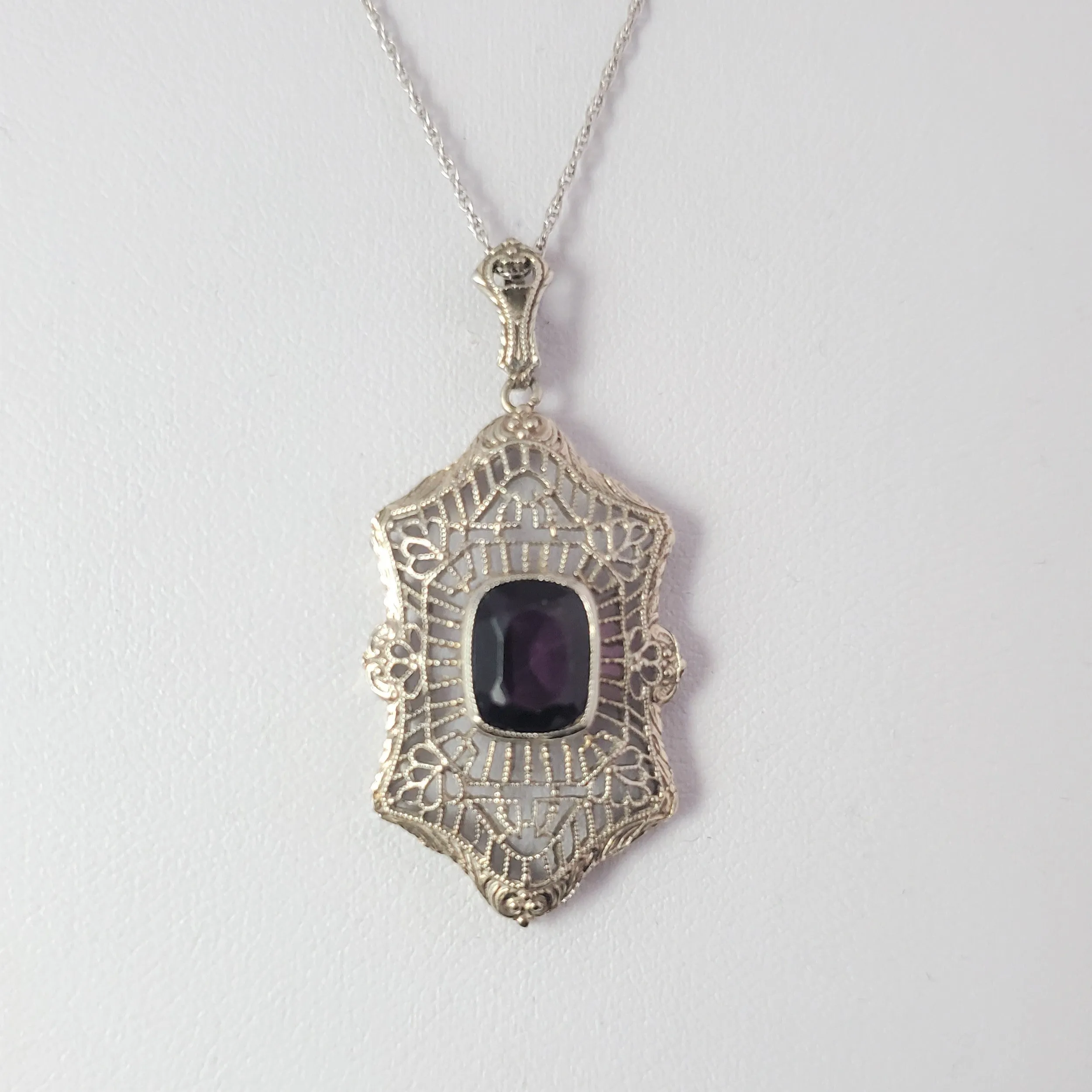 The Ellsworth - Art Deco Era 10k Gold Purple Gem Filigree Necklace