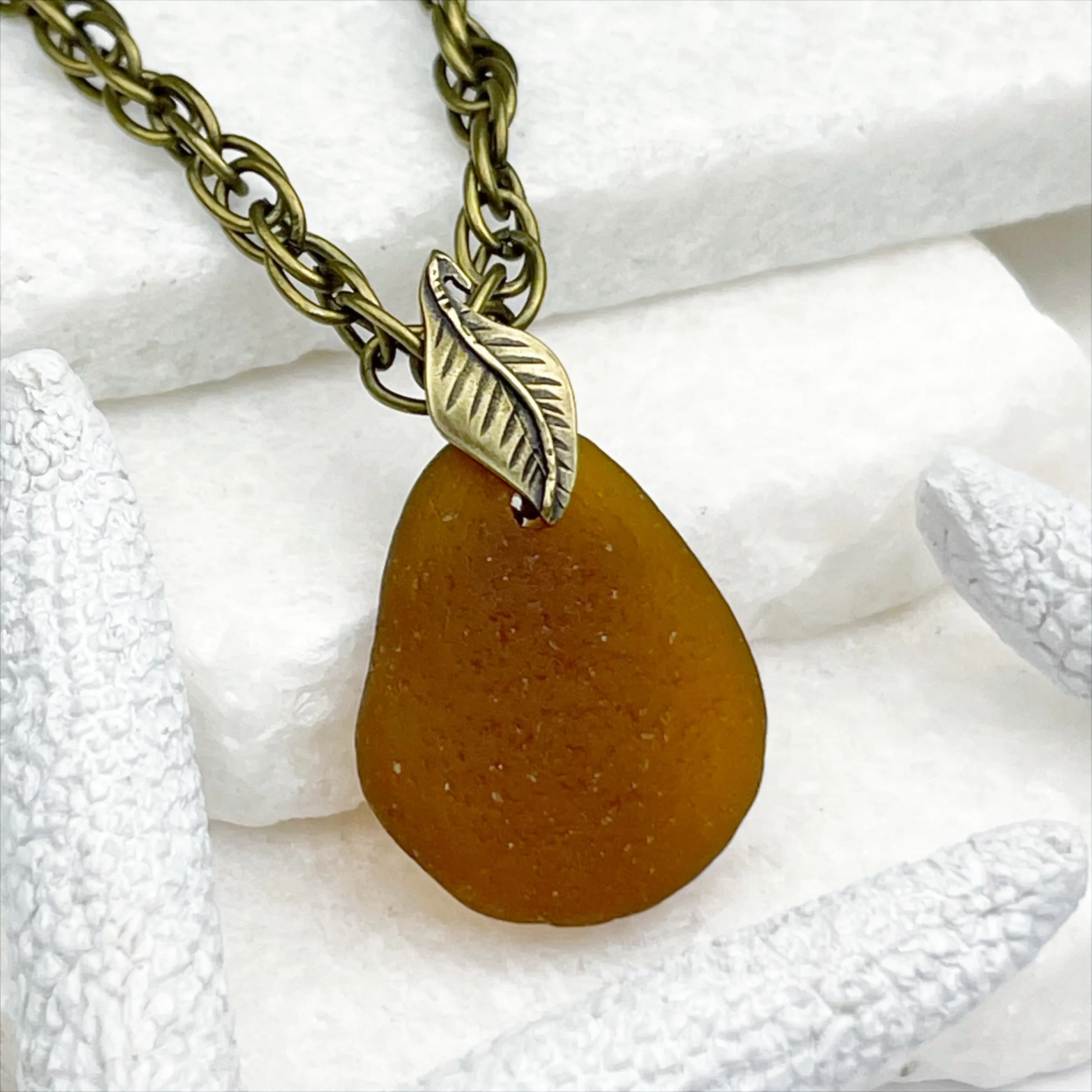 Tumbled Amber Sea Glass Pendant with Bronze Leaf Bail | #5058