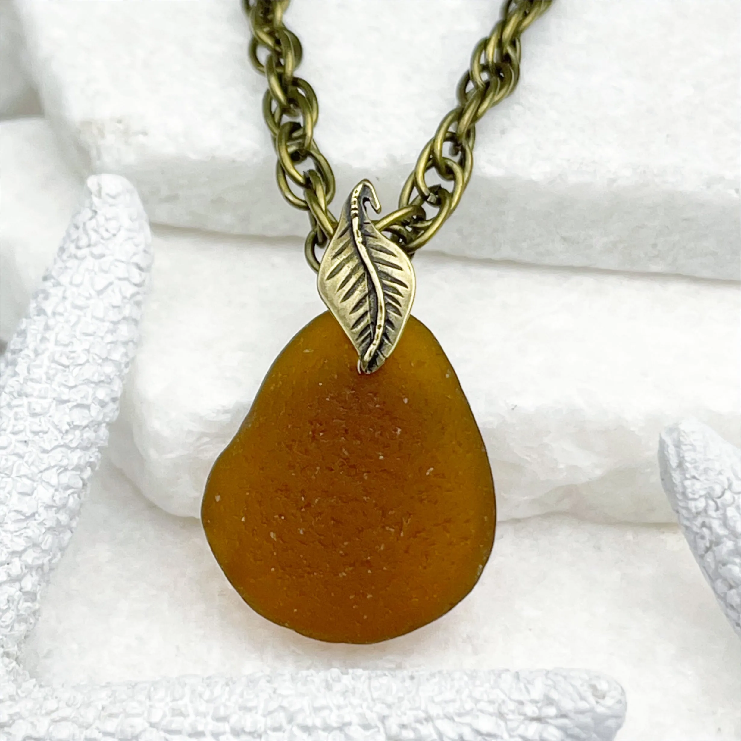 Tumbled Amber Sea Glass Pendant with Bronze Leaf Bail | #5058