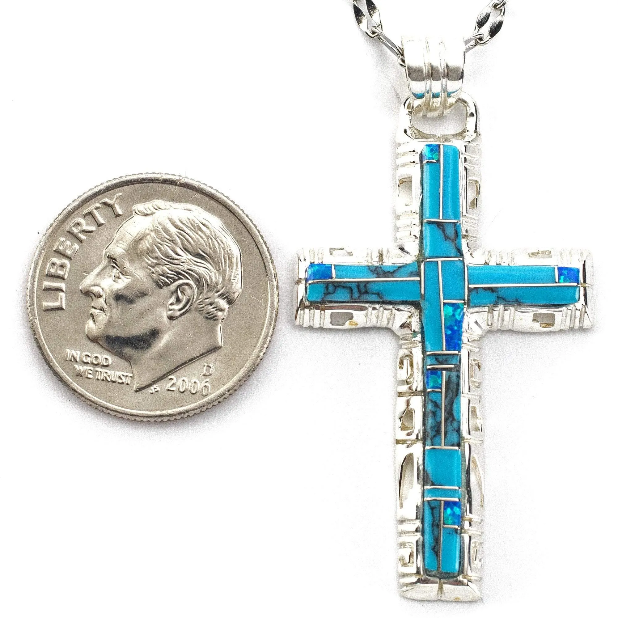 Turquoise Cross 925 Sterling Silver Pendant USA Handmade with Opal Accent