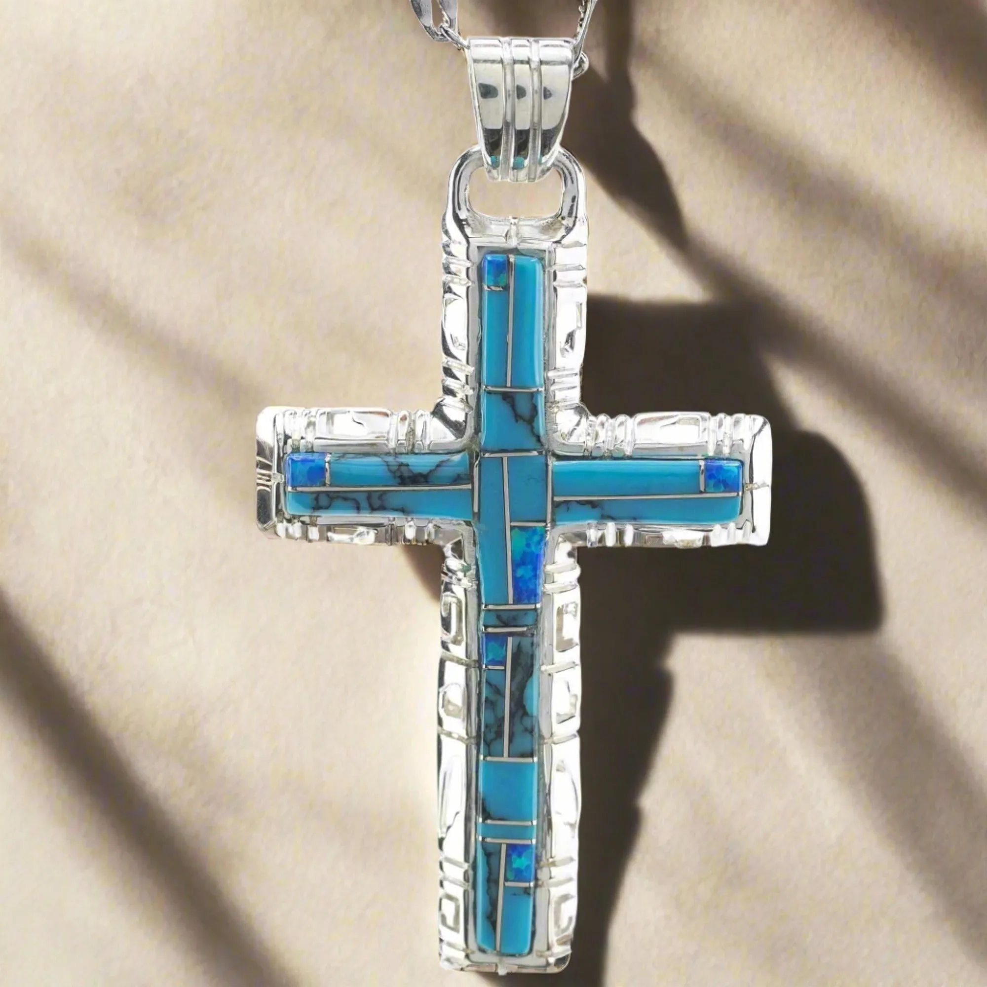 Turquoise Cross 925 Sterling Silver Pendant USA Handmade with Opal Accent