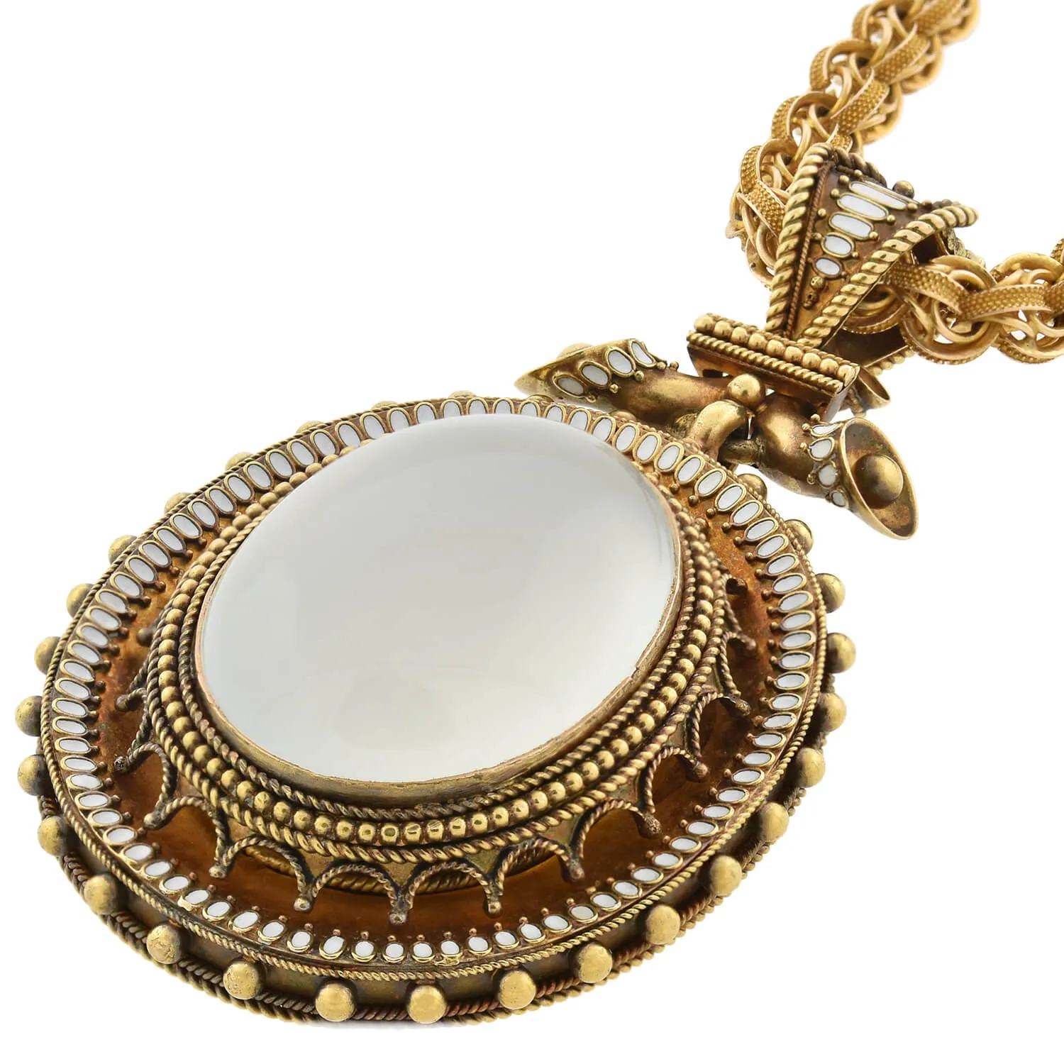 Victorian Large 18kt Enameled   Moonstone Pendant Necklace