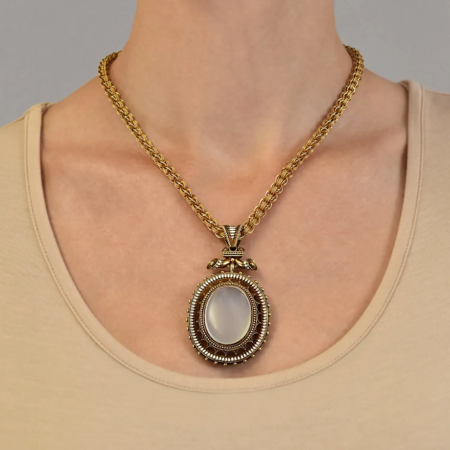 Victorian Large 18kt Enameled   Moonstone Pendant Necklace