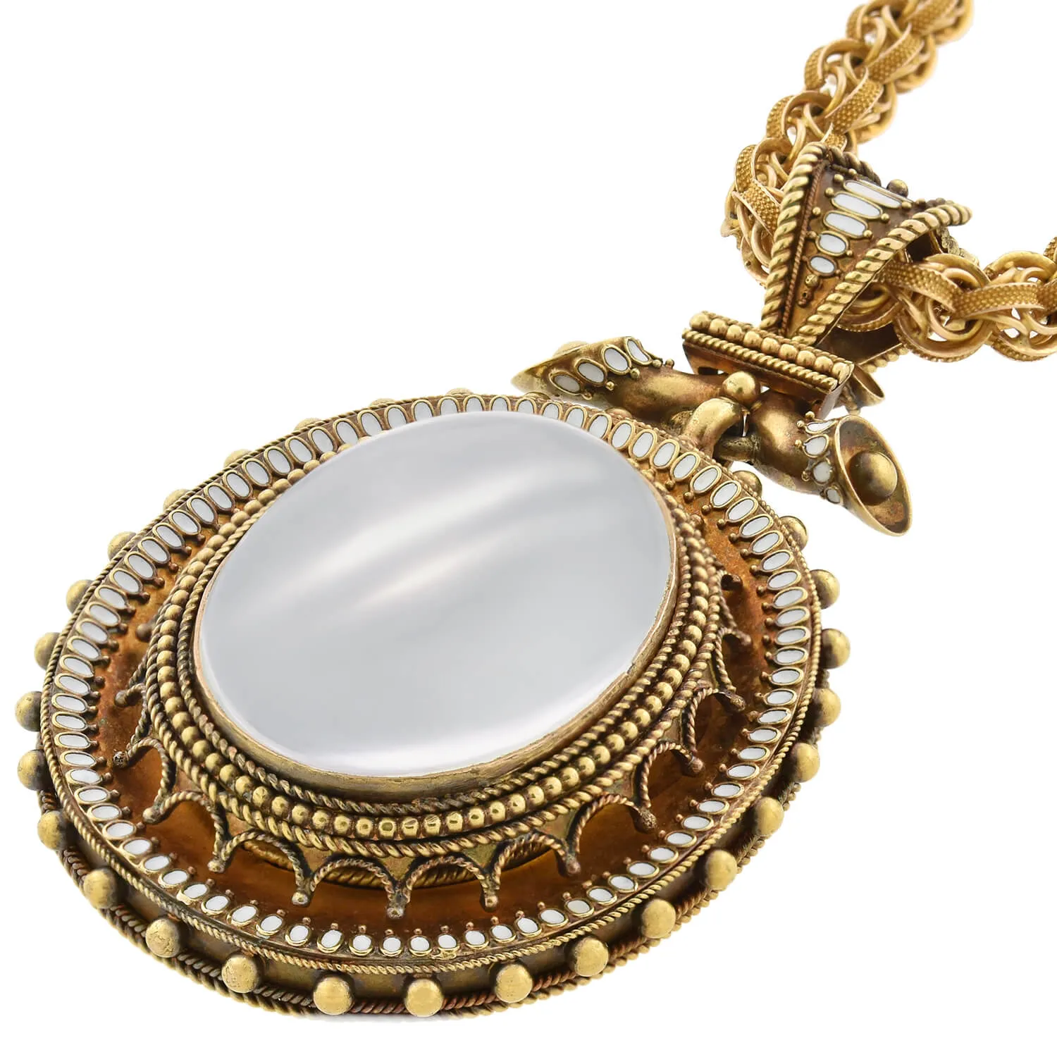 Victorian Large 18kt Enameled   Moonstone Pendant Necklace