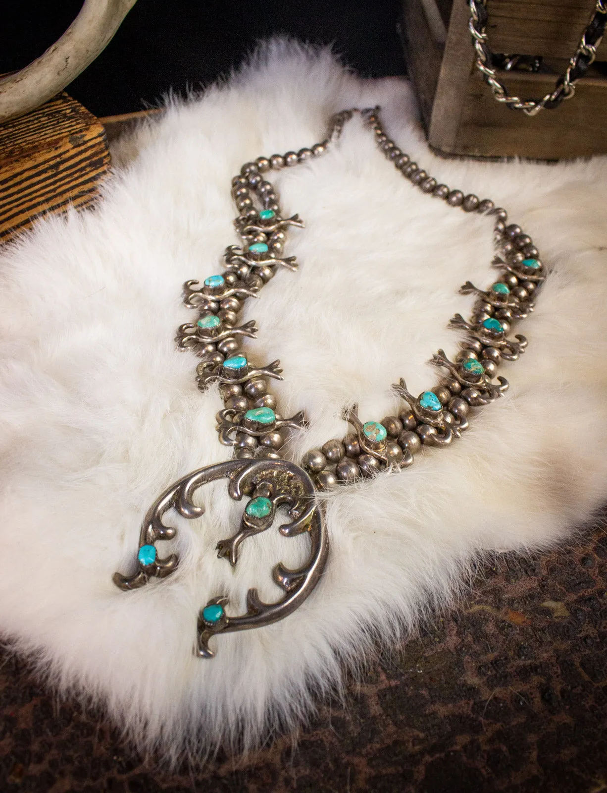 Vintage Turquoise Sterling Silver Double Bead Squash Blossom Necklace 60s